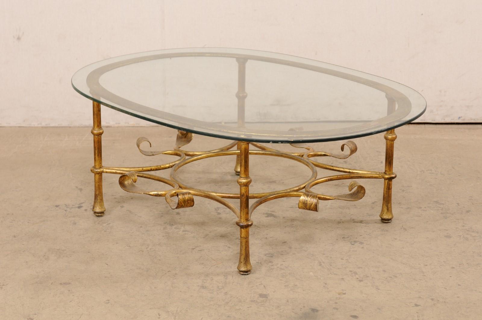 Spanish Oval Glass-Top Table with Iron Base (Gold Finish), Mid 20th C. 2