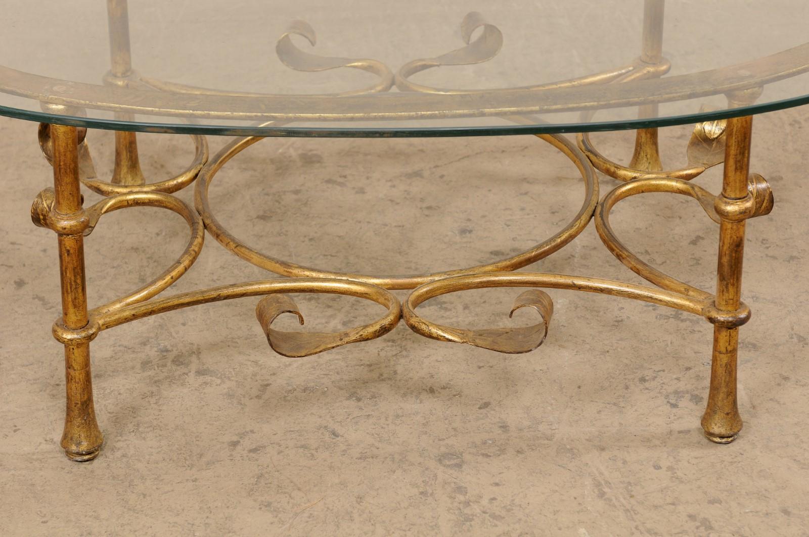 Spanish Oval Glass-Top Table with Iron Base (Gold Finish), Mid 20th C. 3