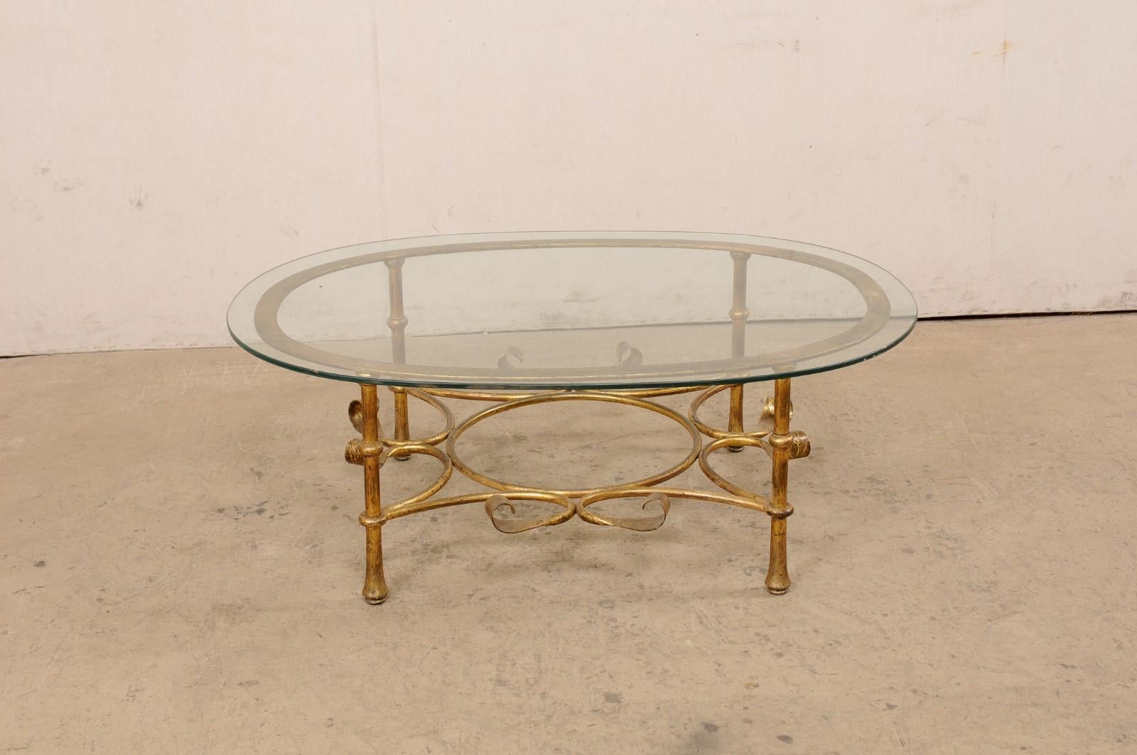 Spanish Oval Glass-Top Table with Iron Base (Gold Finish), Mid 20th C. 4