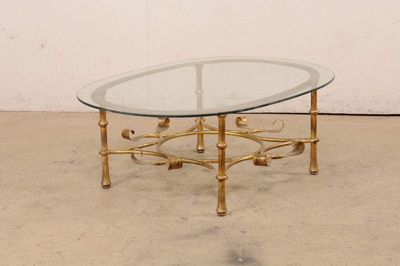 Spanish Oval Glass-Top Table with Iron Base (Gold Finish), Mid 20th C. 5