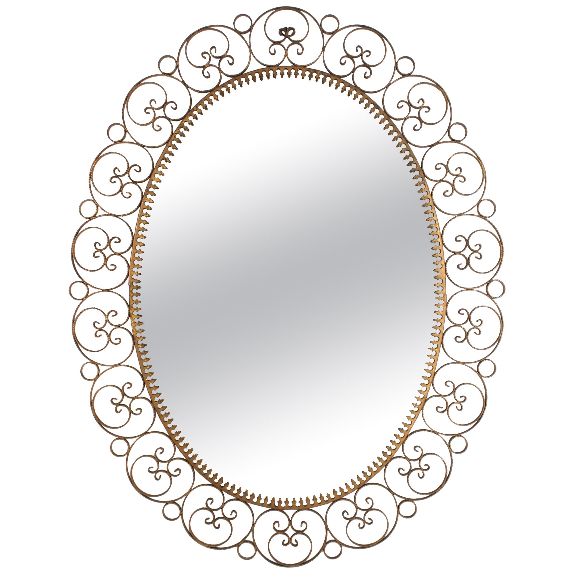 Spanish Oval Mirror in Gilt Iron with Scrollwork Frame