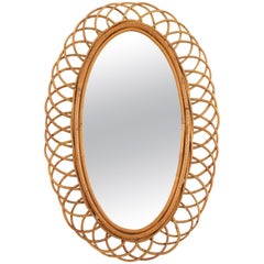 Vintage Spanish Oval Mirror in Rattan, 1960s