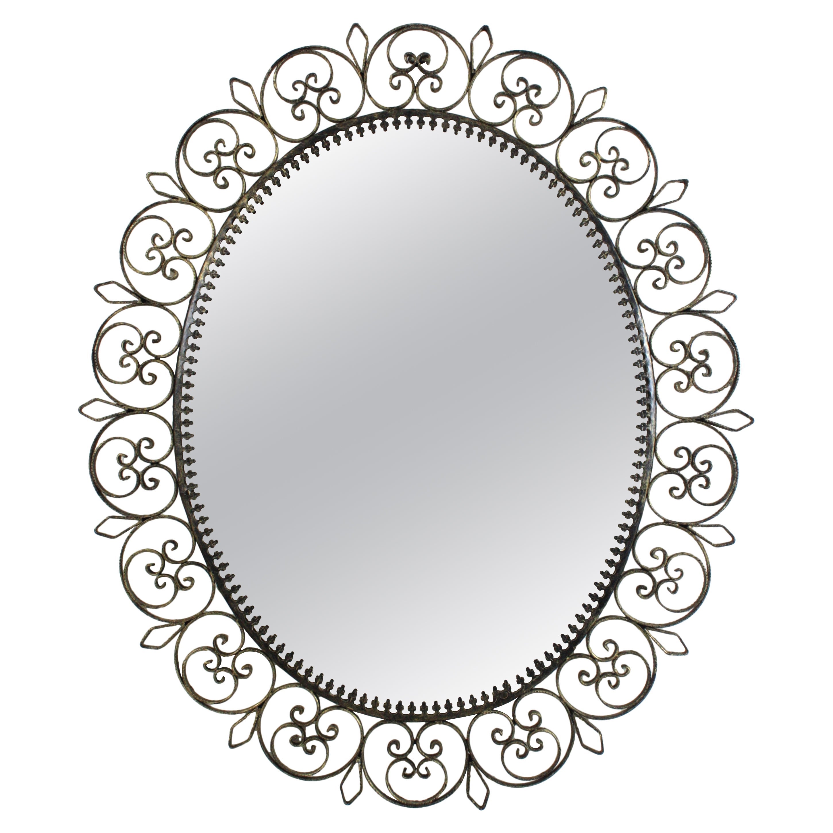 Spanish Oval Mirror in Silvered Iron with Scrollwork Filigree Frame, 1960
