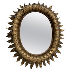 Vintage Spanish Oval Sunburst Mirror with Double Layered Leaves