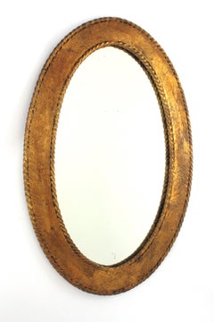 Spanish Oval Wall Mirror in Gilt Wrought Iron, 1950s