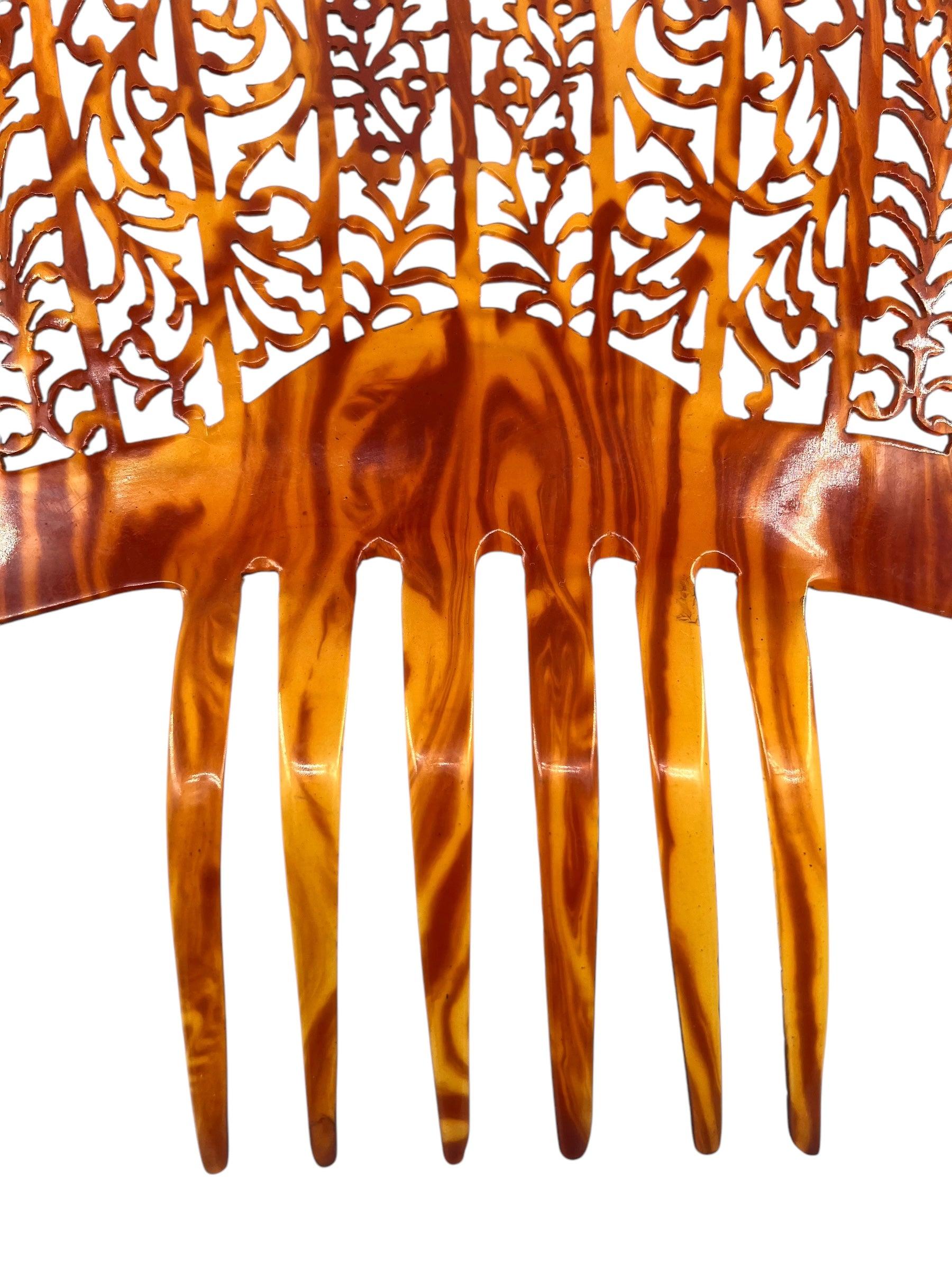 Brown Spanish Oversized Peinata Hair Comb Faux Tortoise Shell, Carved, 1920s For Sale