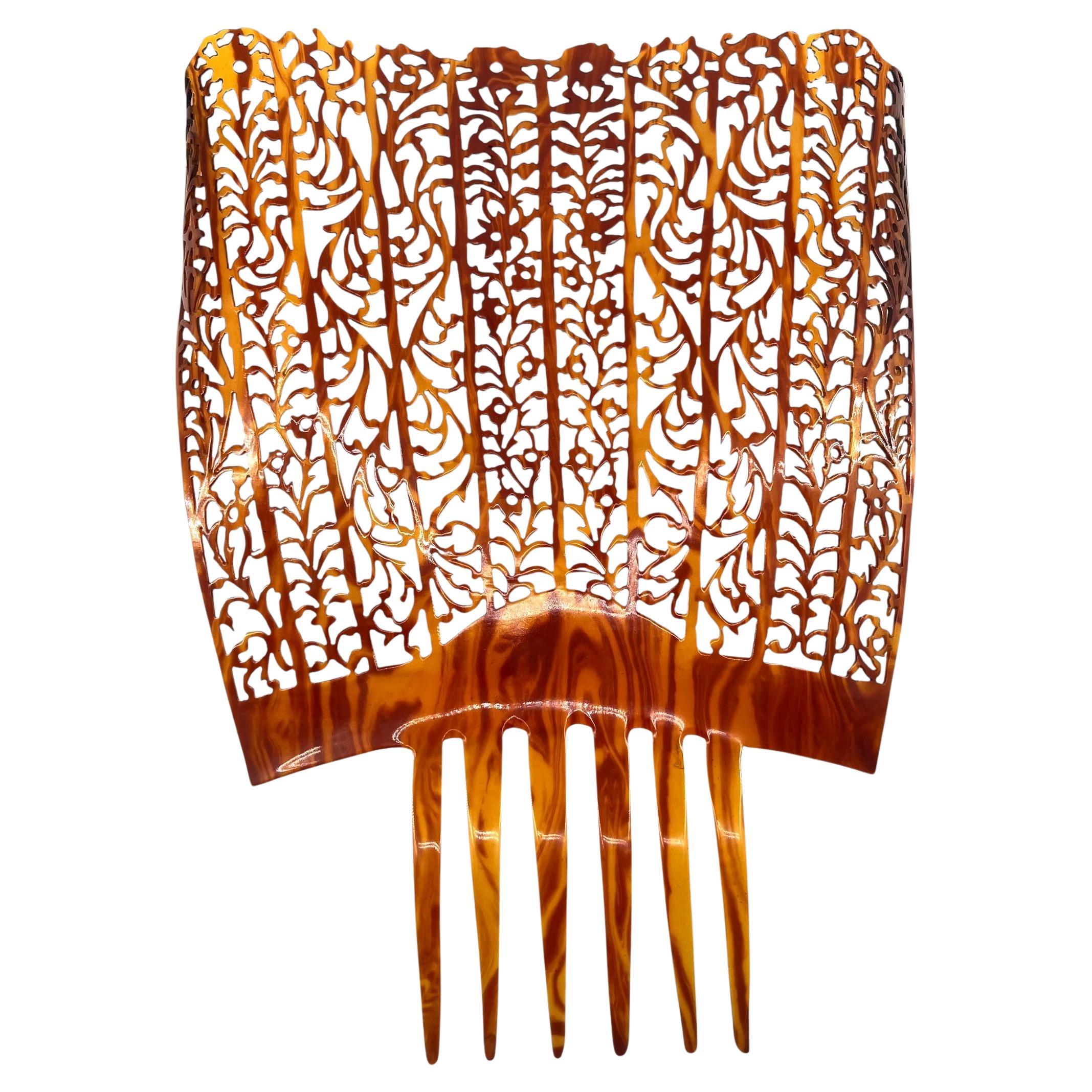 Spanish Oversized Peinata Hair Comb Faux Tortoise Shell, Carved, 1920s For Sale