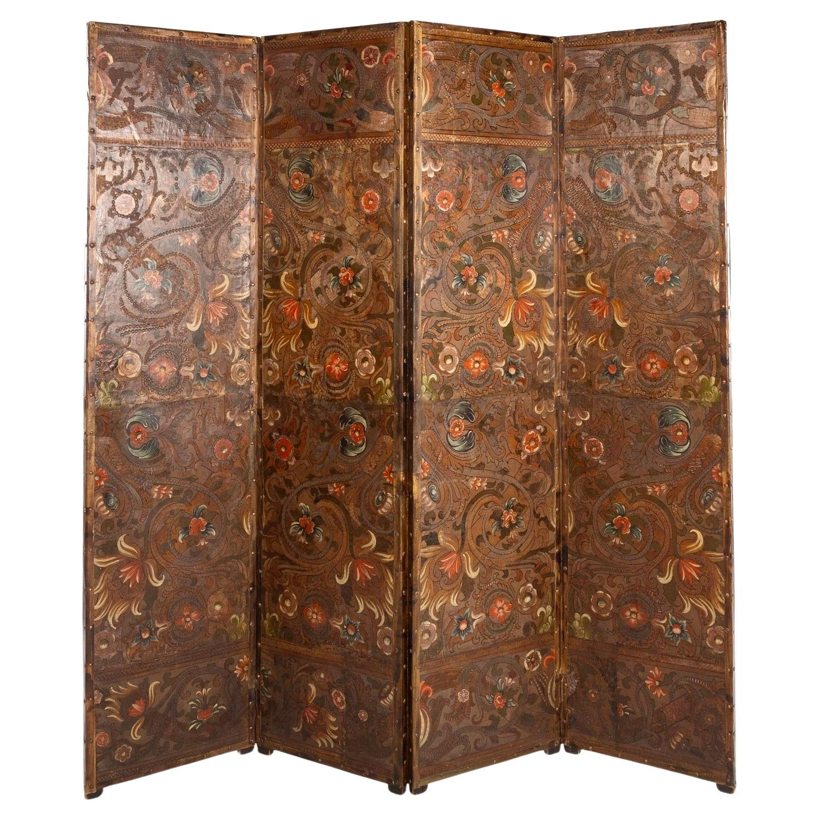 Spanish Painted and Parcel-Gilt Leather Four Panel Screen