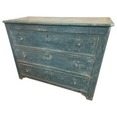 Antique Spanish Painted Blue Three-Drawer Chest with Wooden Pulls