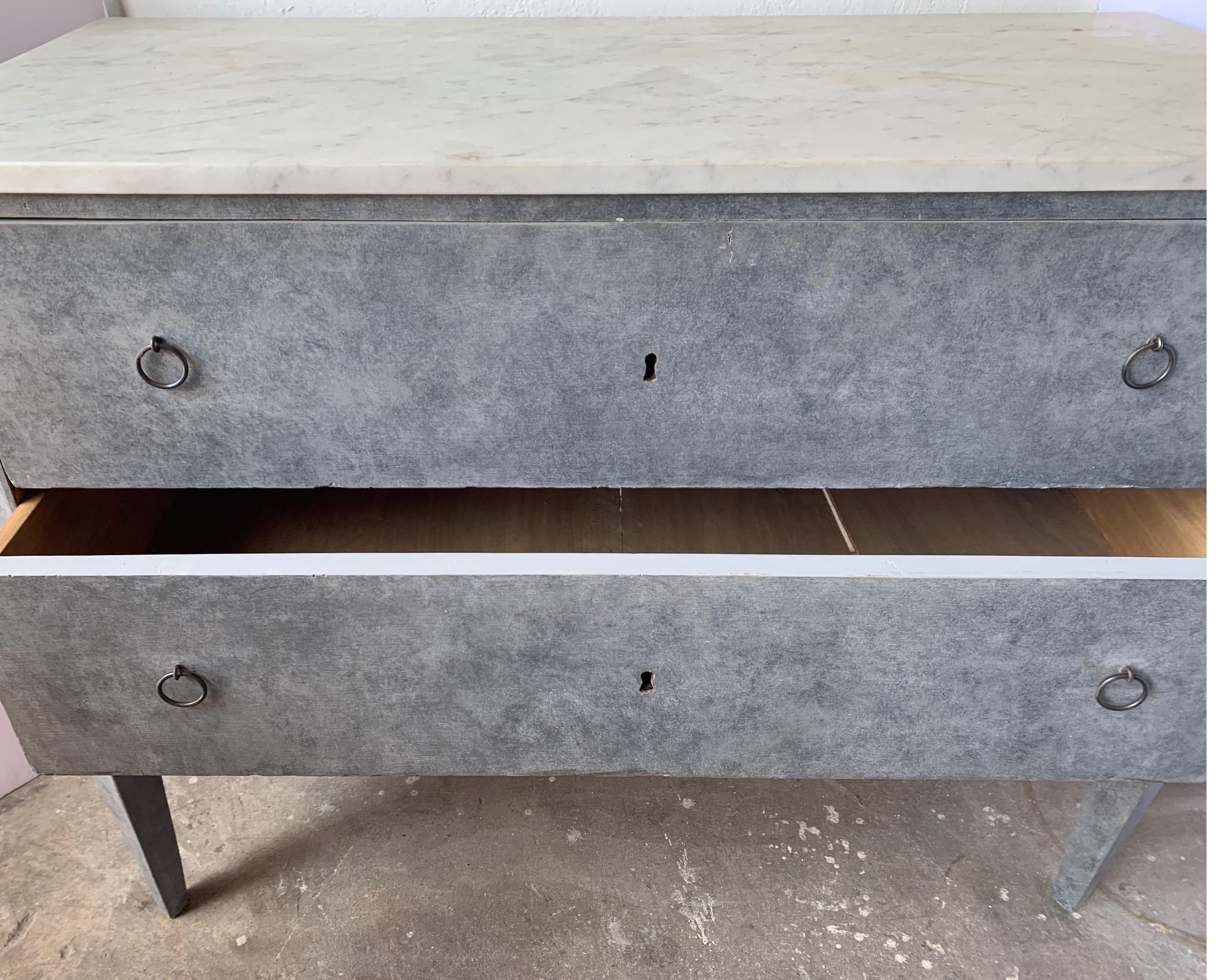 Spanish Painted Gray Two Drawer Chests with Round Ring Pulls and Vintage Marble In Good Condition In Houston, TX
