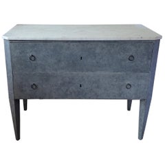 Spanish Painted Gray Two Drawer Chests with Round Ring Pulls and Vintage Marble