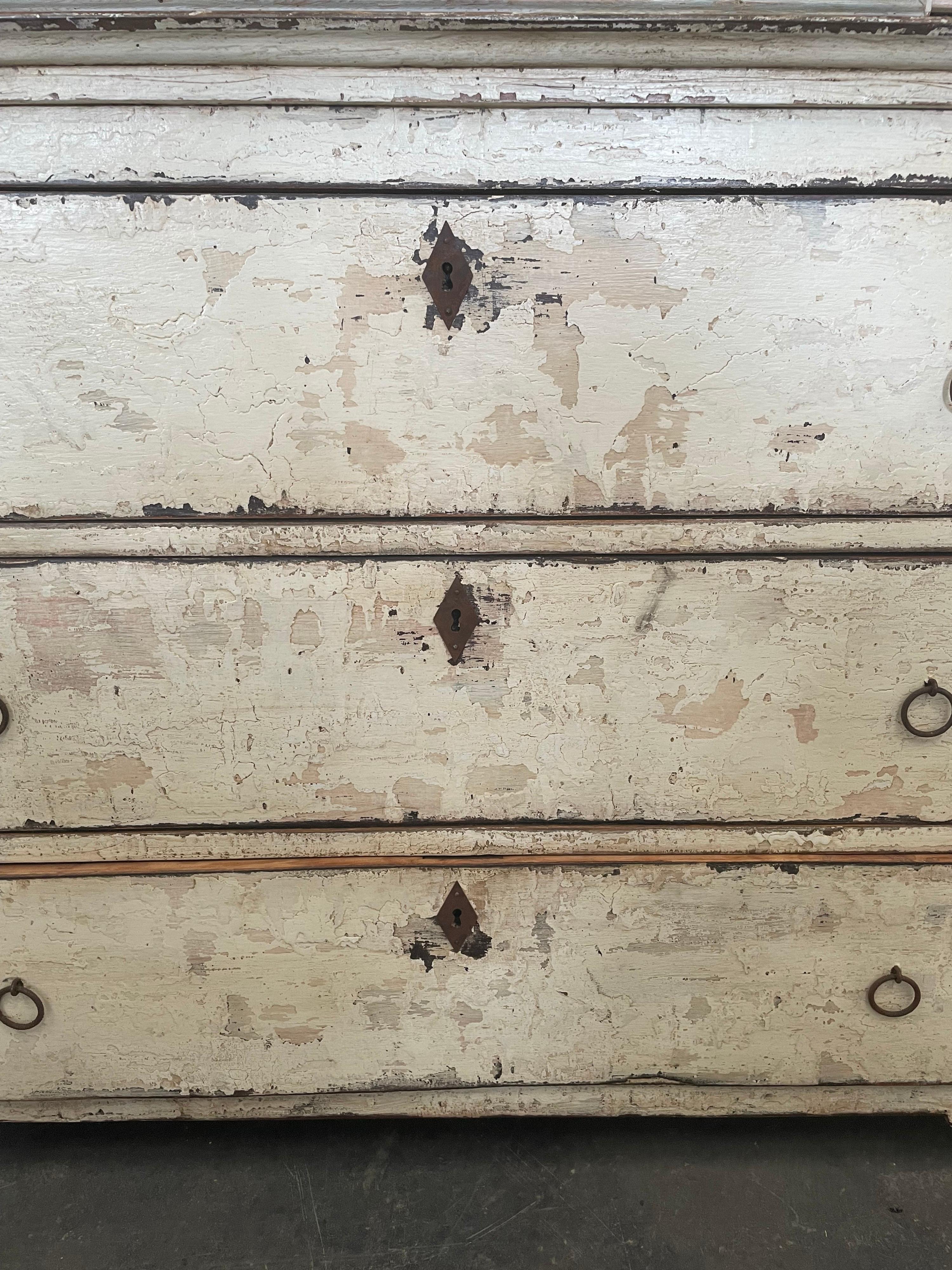 Spanish Painted Three Drawer Chest Made From Reclaimed 19th Century Wood In Good Condition For Sale In Houston, TX