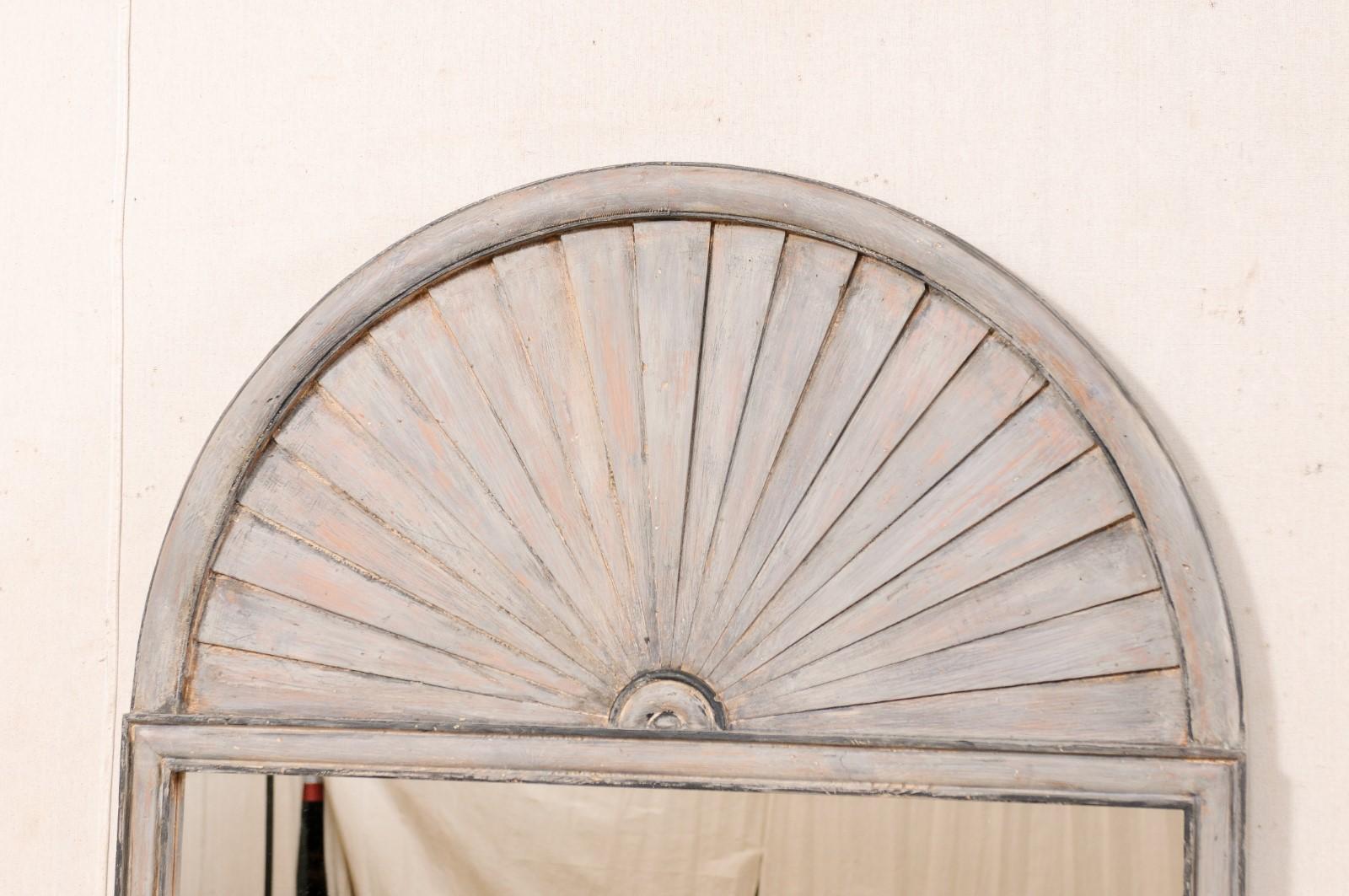 Spanish Painted Wood Mirror w/Fan-Carved Crest Top 'Gray Color' In Good Condition In Atlanta, GA