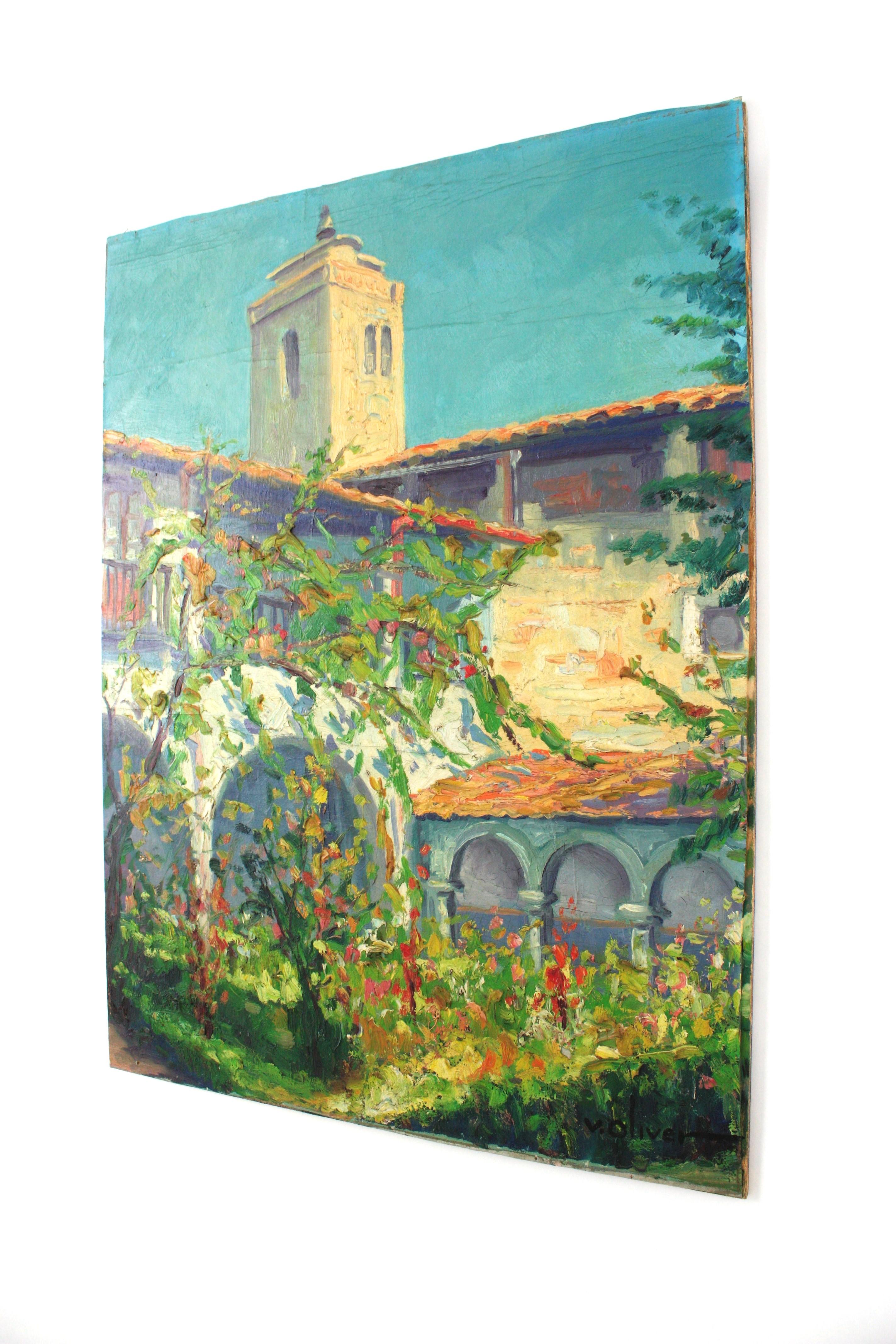 Spanisches Gemälde �Öl auf Karton Terrassenszene, signiert im Angebot 4