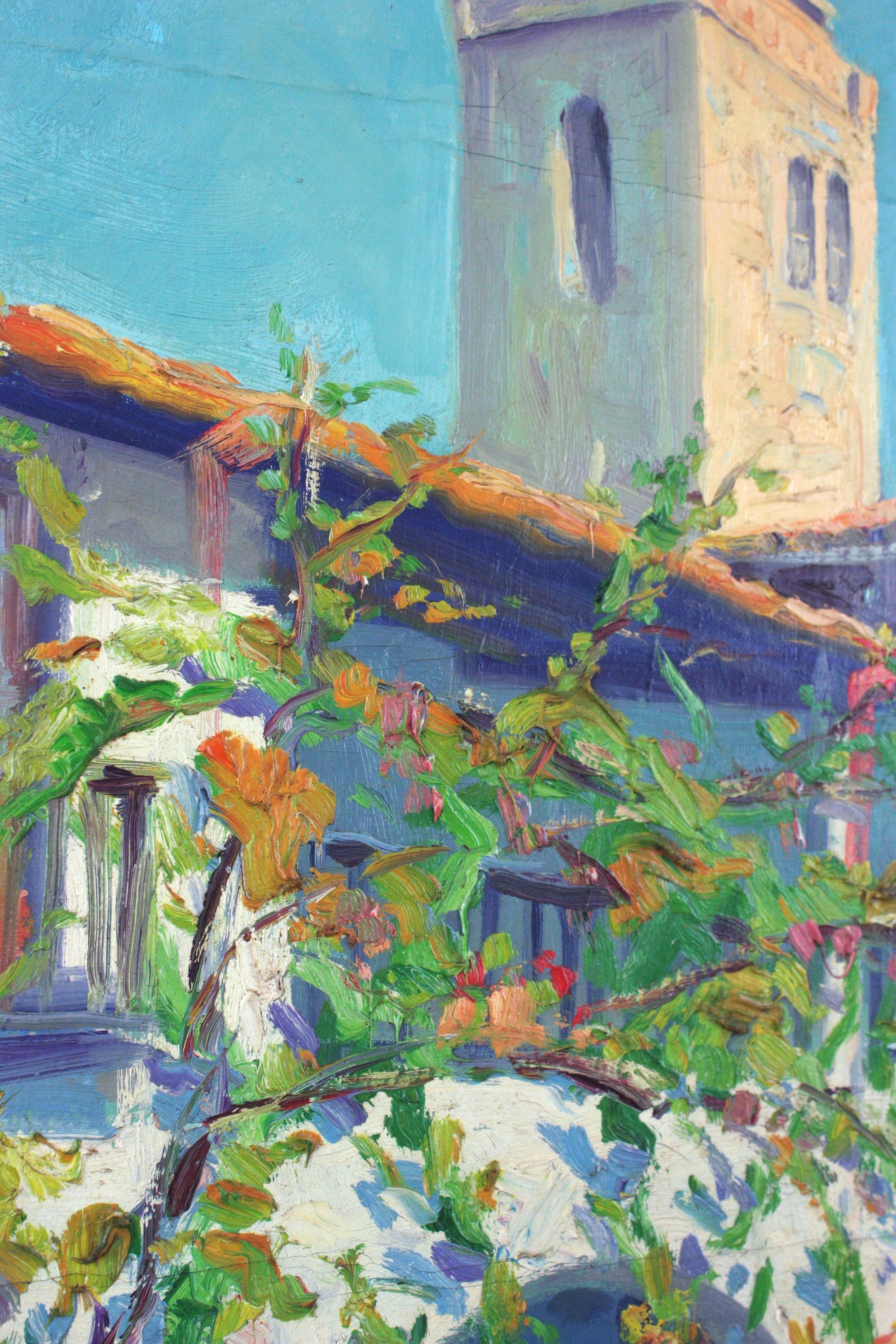 Spanisches Gemälde Öl auf Karton Terrassenszene, signiert im Angebot 5