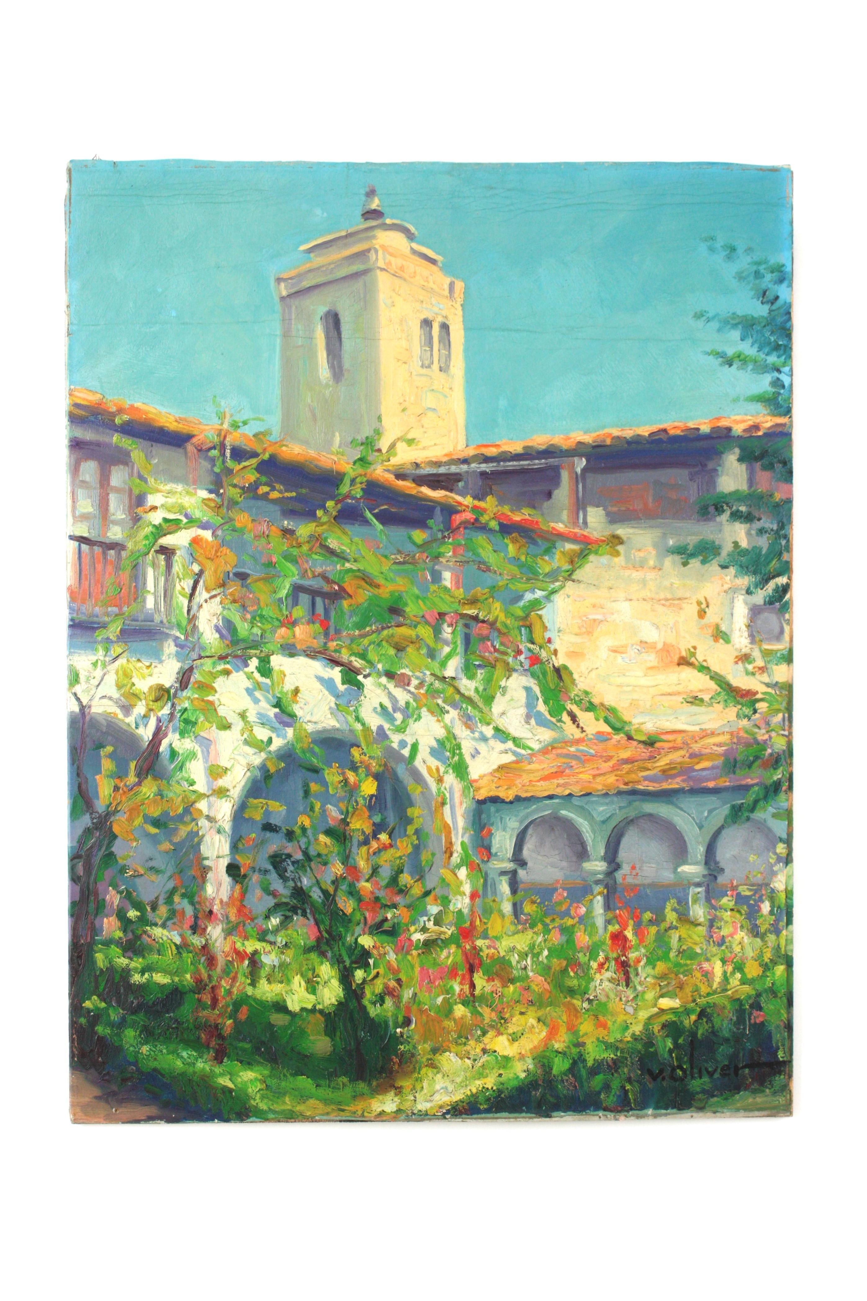 Handgemalte Garten-Terrassen-Szene Öl auf Karton, Spanien, 1940er-1950er Jahre
Buntes Gemälde, das einen Innenhofgarten mit dem Hauptgebäude und seinem hohen Turm im Hintergrund darstellt.
Bunte Szene in Grün-, Beige- und Blautönen mit roten