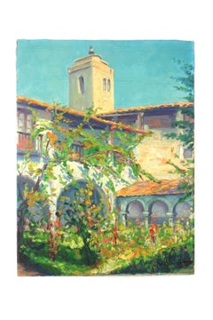 Spanish Painting Oil on Board Patio Scene, Signed