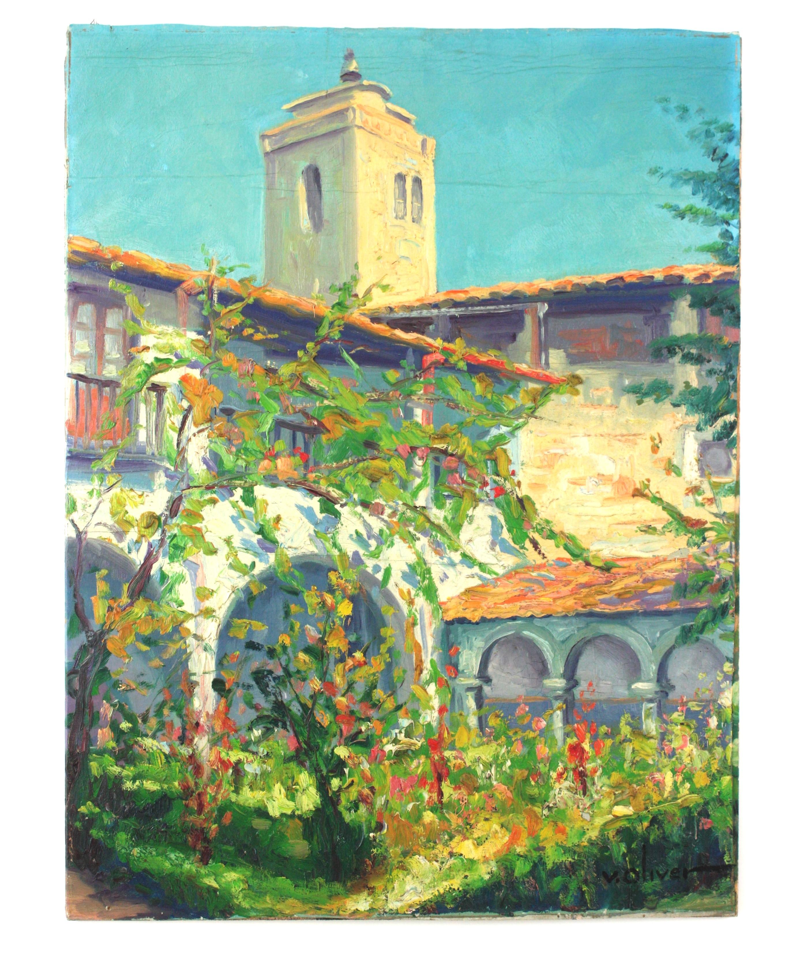 Spanisches Gemälde Öl auf Karton Terrassenszene, signiert (Handgefertigt) im Angebot