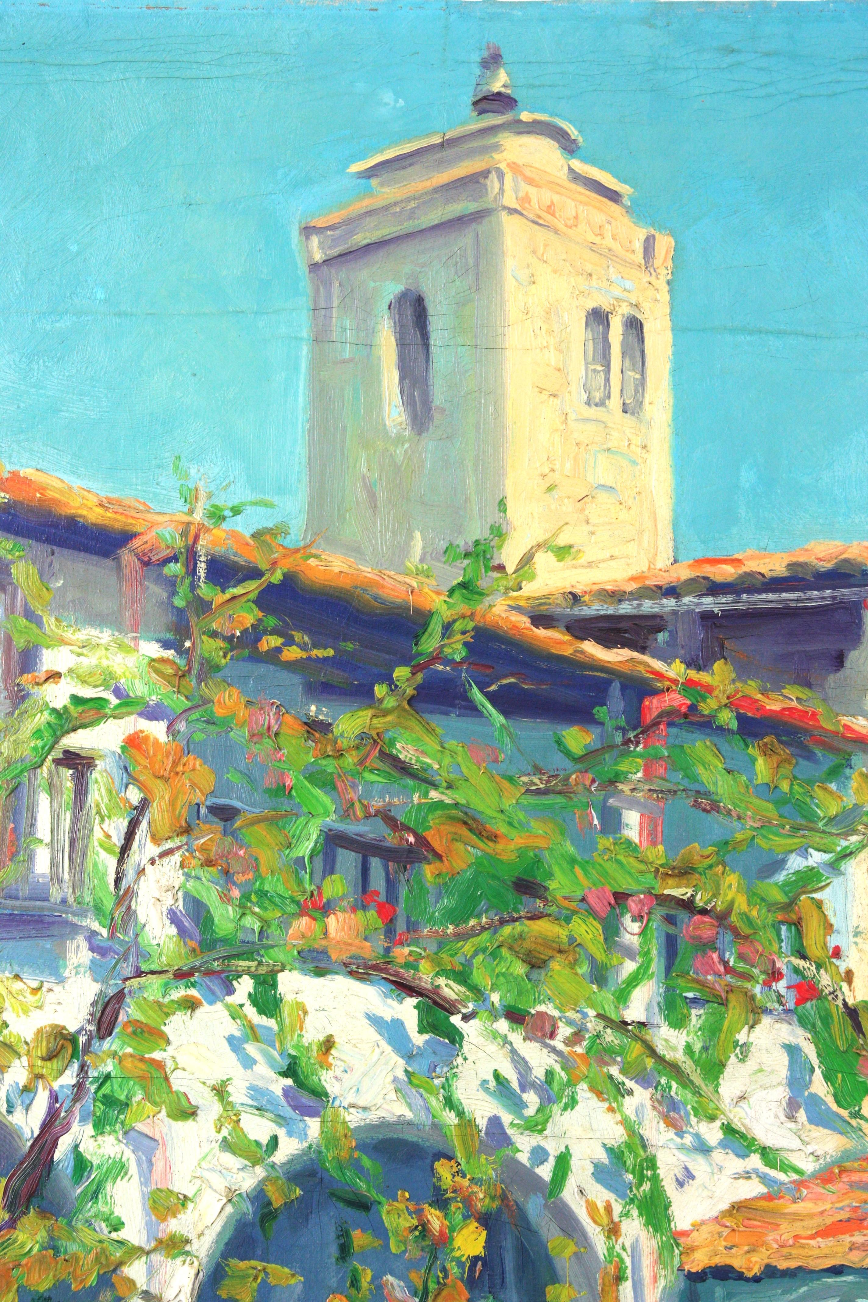 Spanisches Gemälde Öl auf Karton Terrassenszene, signiert im Zustand „Gut“ im Angebot in Barcelona, ES