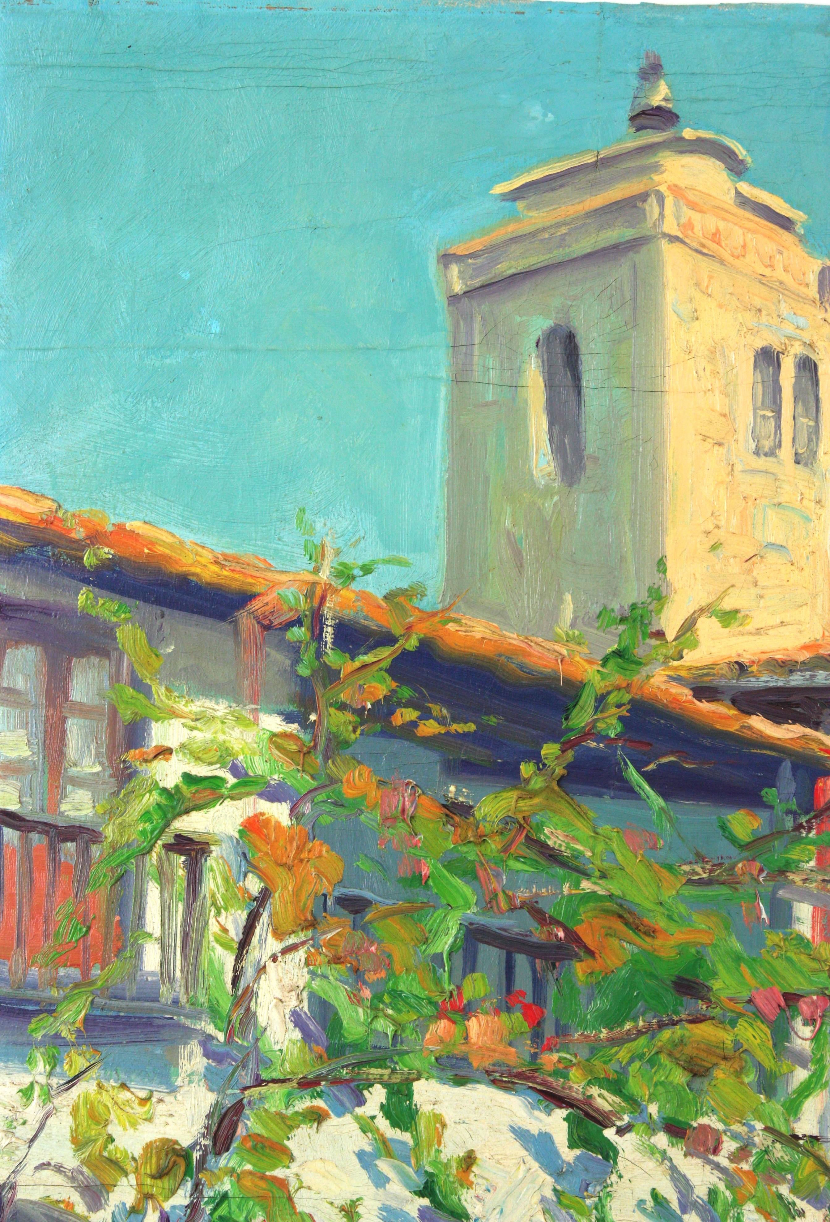 Spanisches Gemälde Öl auf Karton Terrassenszene, signiert (20. Jahrhundert) im Angebot