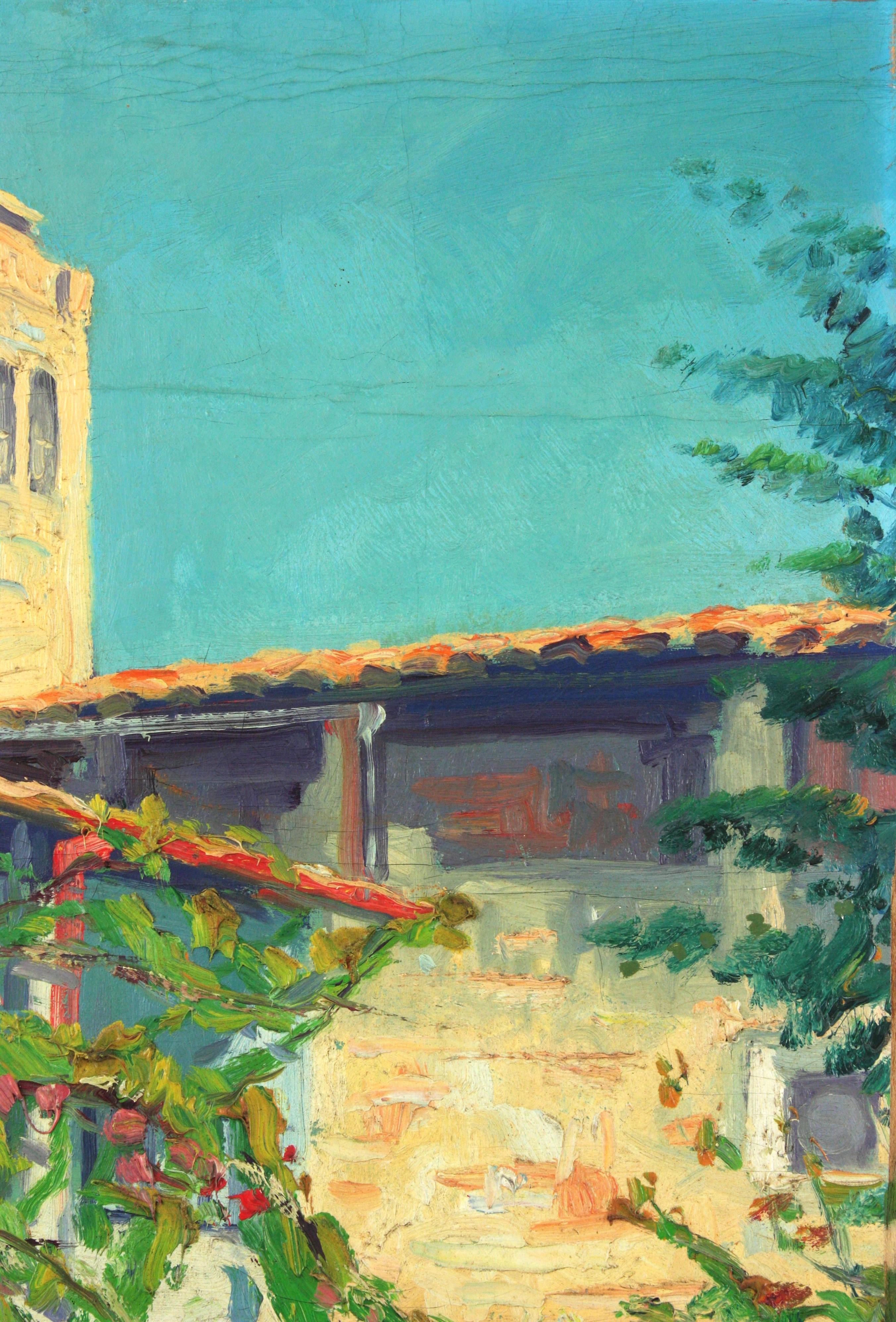 Spanisches Gemälde Öl auf Karton Terrassenszene, signiert (Leinwand) im Angebot