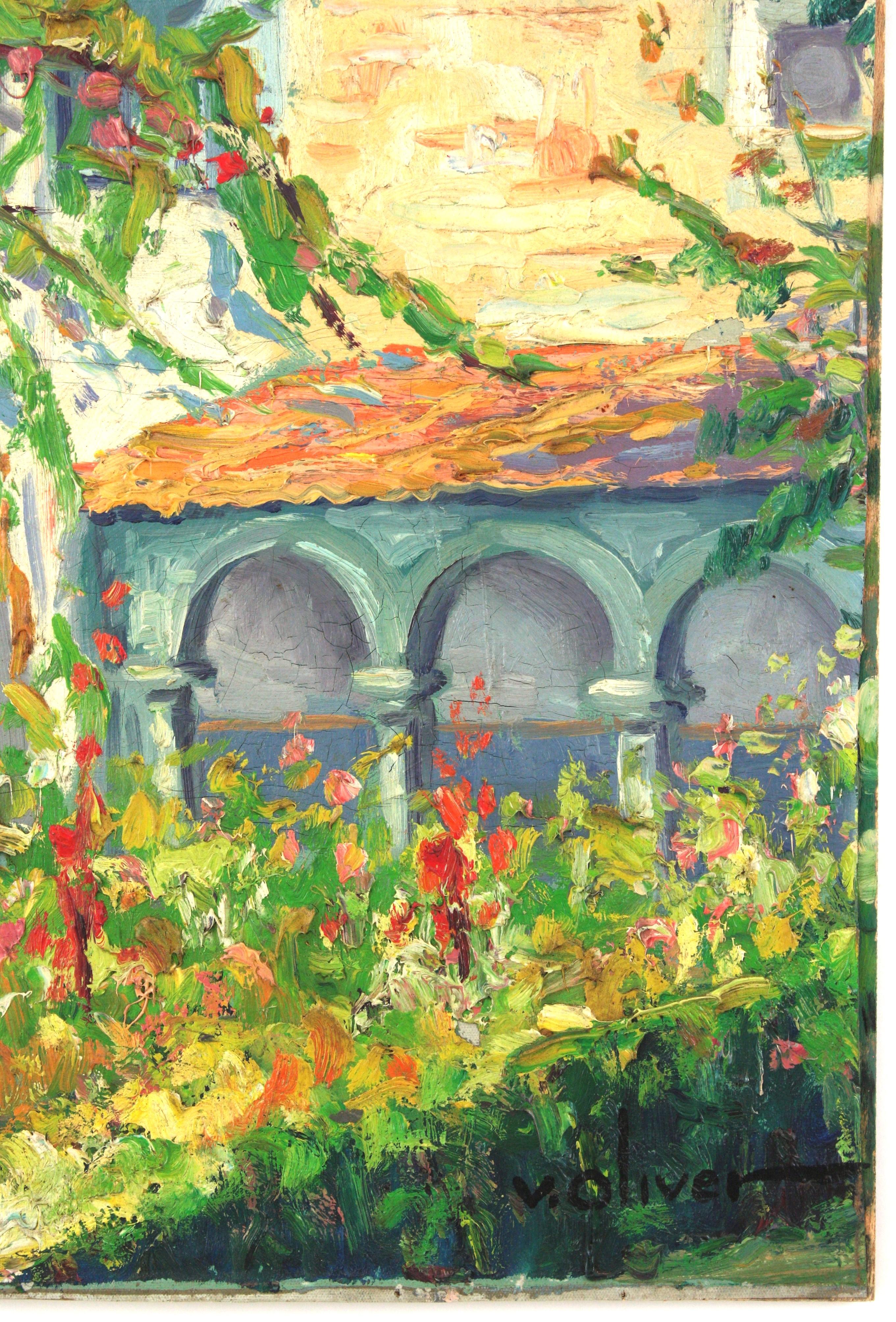 Spanisches Gemälde Öl auf Karton Terrassenszene, signiert im Angebot 1