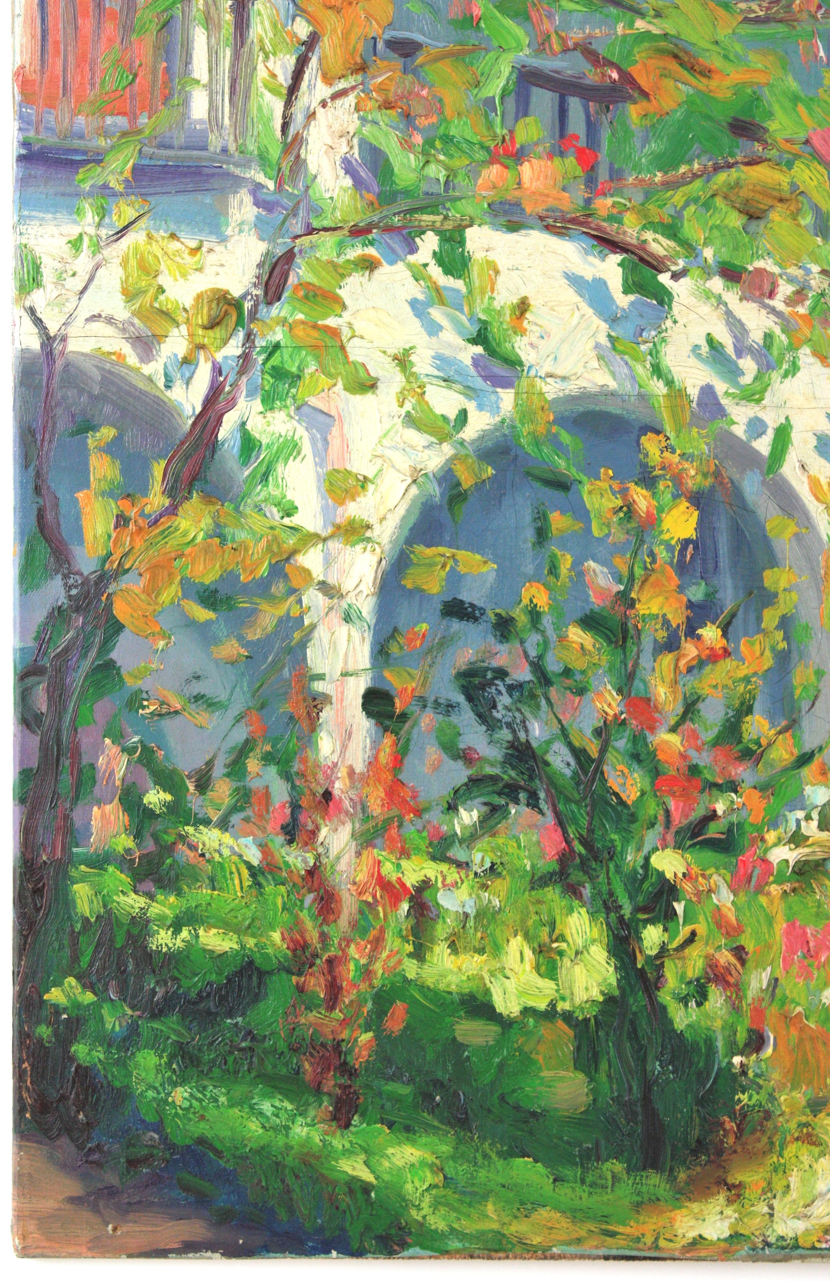 Spanisches Gemälde Öl auf Karton Terrassenszene, signiert im Angebot 2