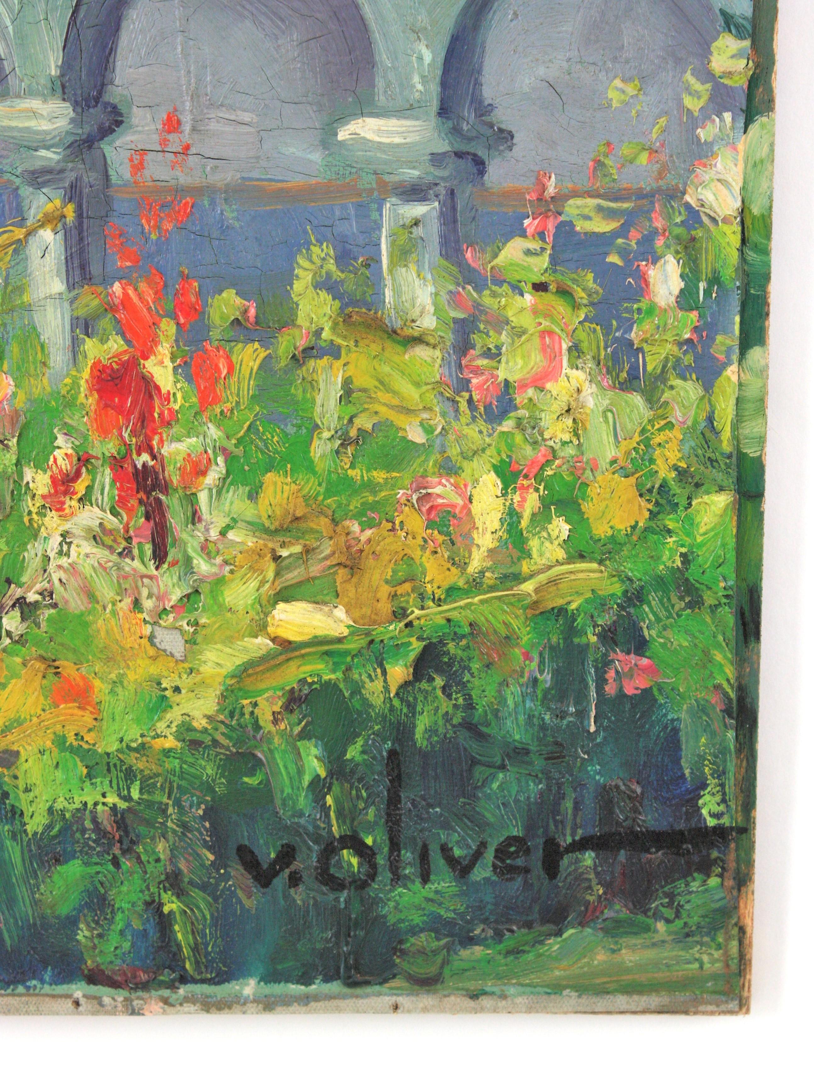 Spanisches Gemälde Öl auf Karton Terrassenszene, signiert im Angebot 3