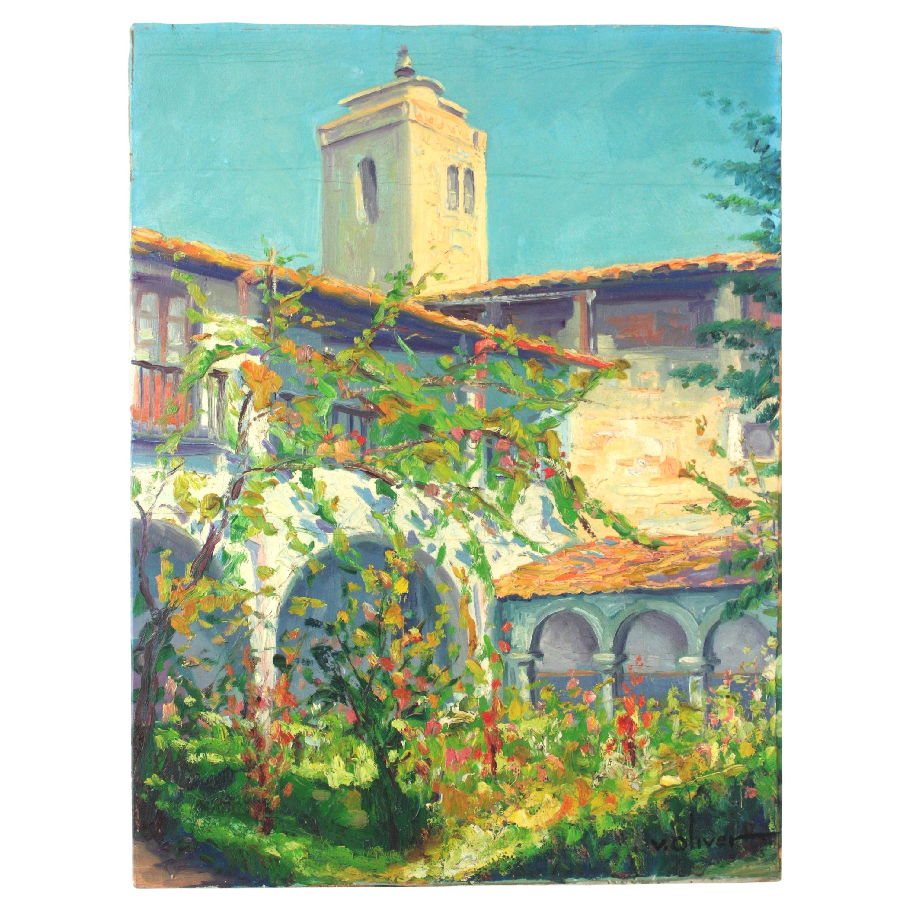 Spanisches Gemälde Öl auf Karton Terrassenszene, signiert im Angebot