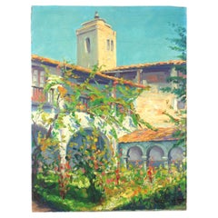 Spanish Painting Oil on Board Patio Scene, Signed