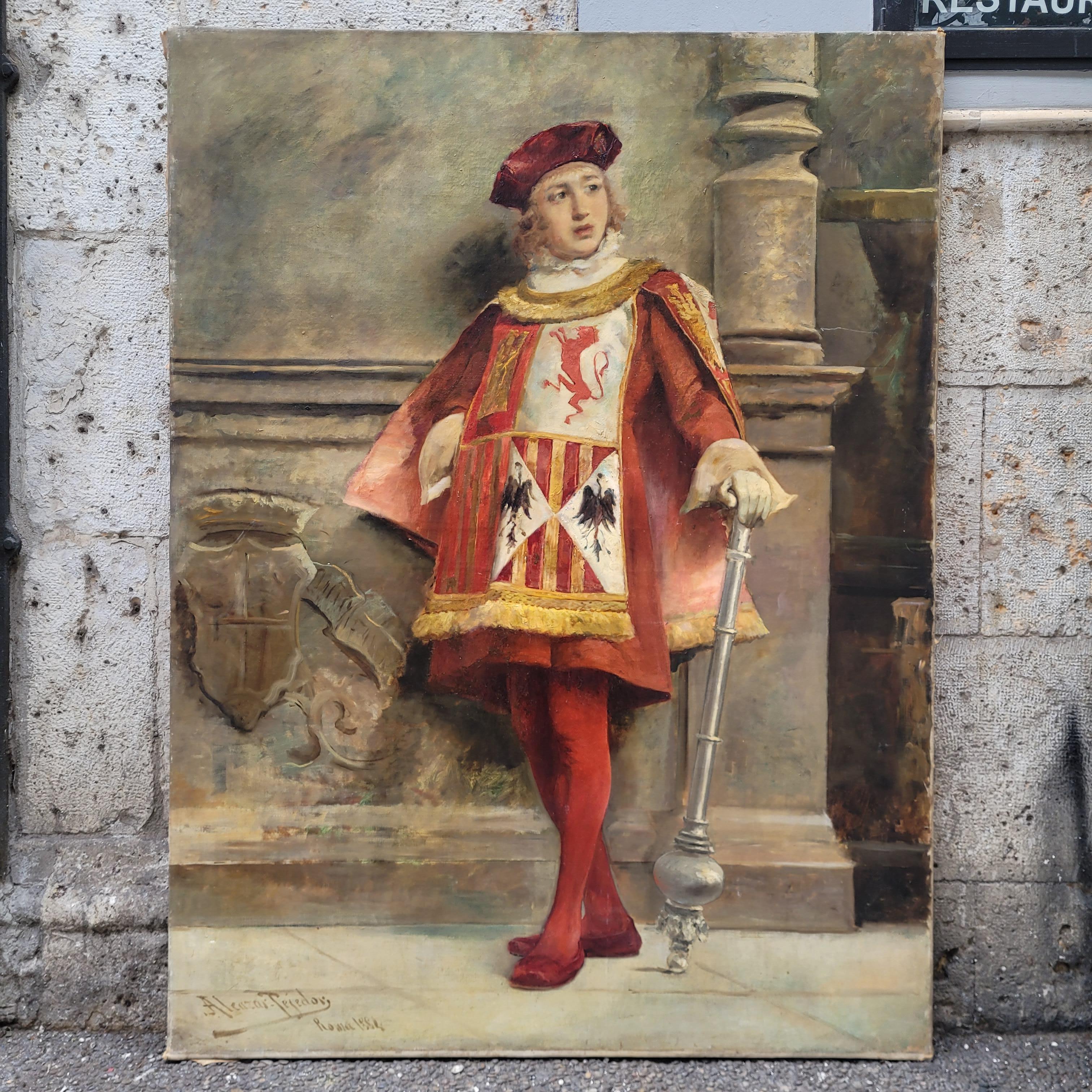 One of a kind and very Excellent oil on canvas, signed, dated 1880 and located in Rome, work of José Alcázar Tejedor. It represents a mace-bearer, the absolute protagonist of the scene, which derives from his clothing and, mainly, because he carries