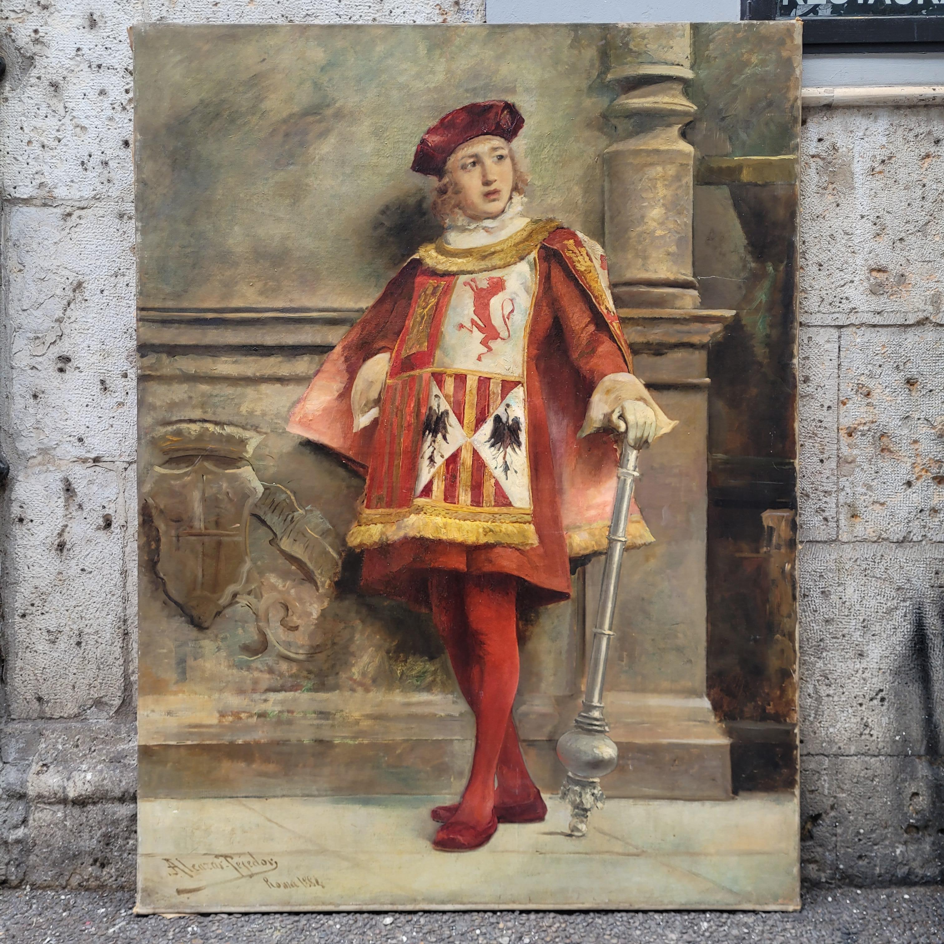 Beaux Arts Spanish Painting Portrait“Castilian Macebearer”José Alcázar Tejedor Roma school For Sale