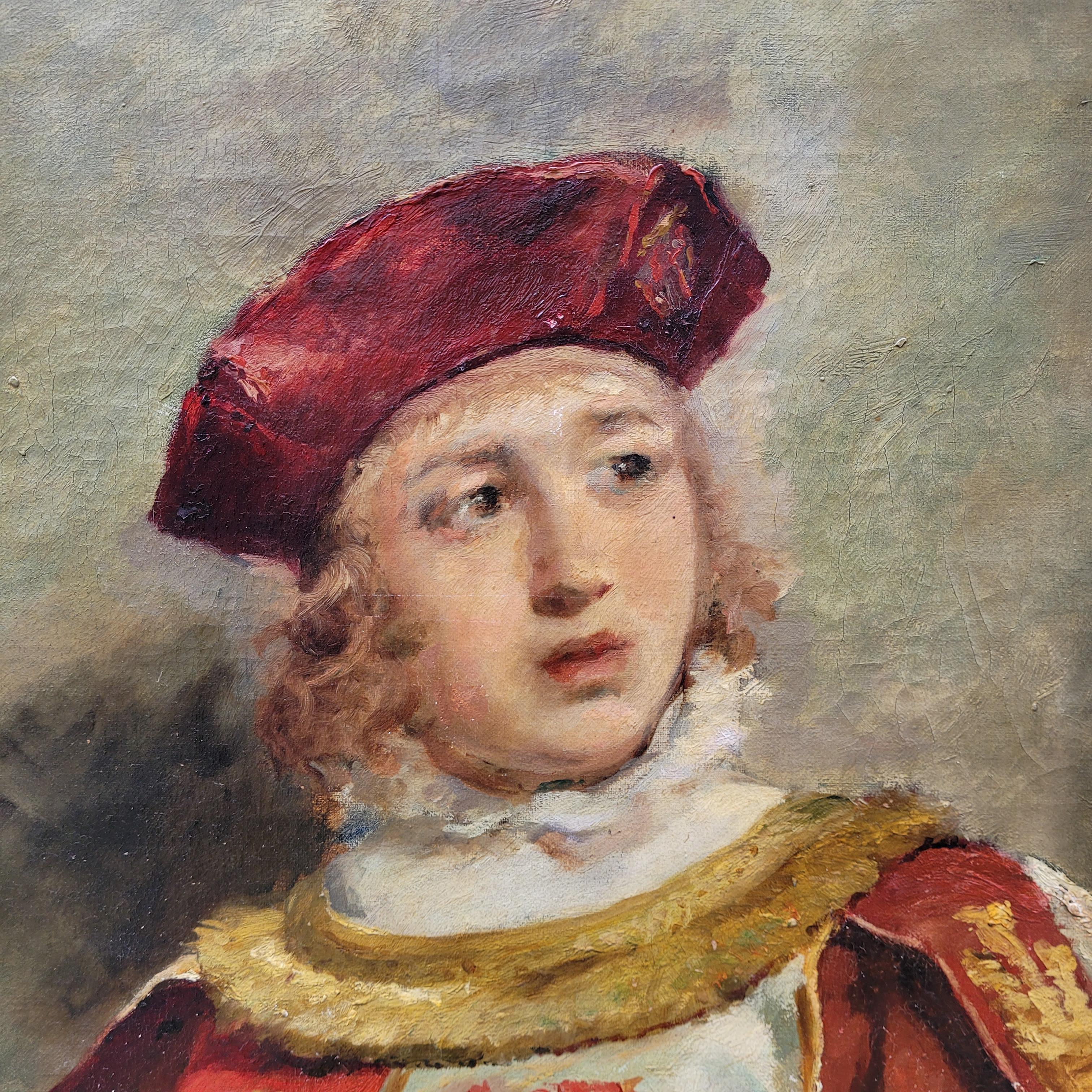 Hand-Painted Spanish Painting Portrait“Castilian Macebearer”José Alcázar Tejedor Roma school For Sale