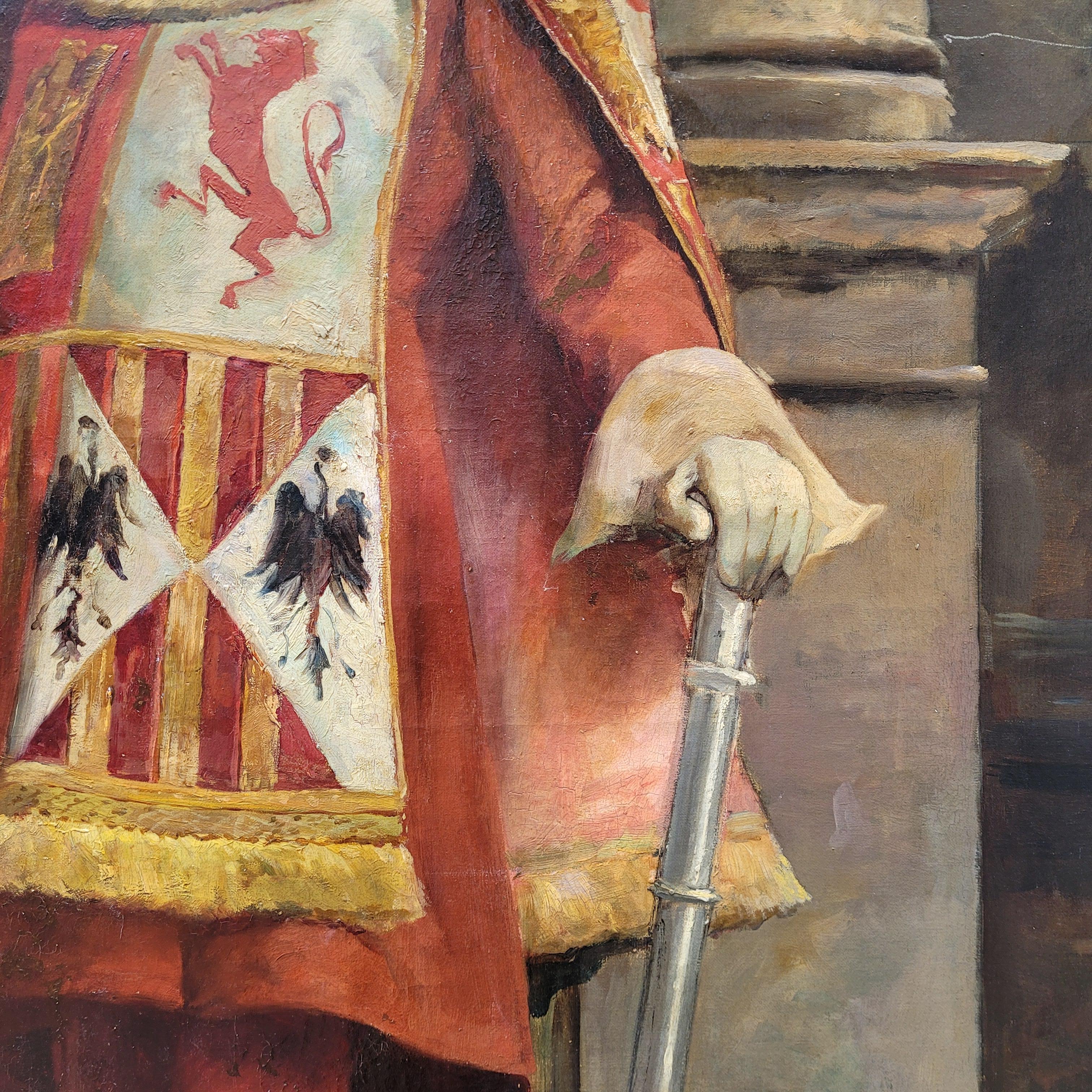 Late 19th Century Spanish Painting Portrait“Castilian Macebearer”José Alcázar Tejedor Roma school For Sale