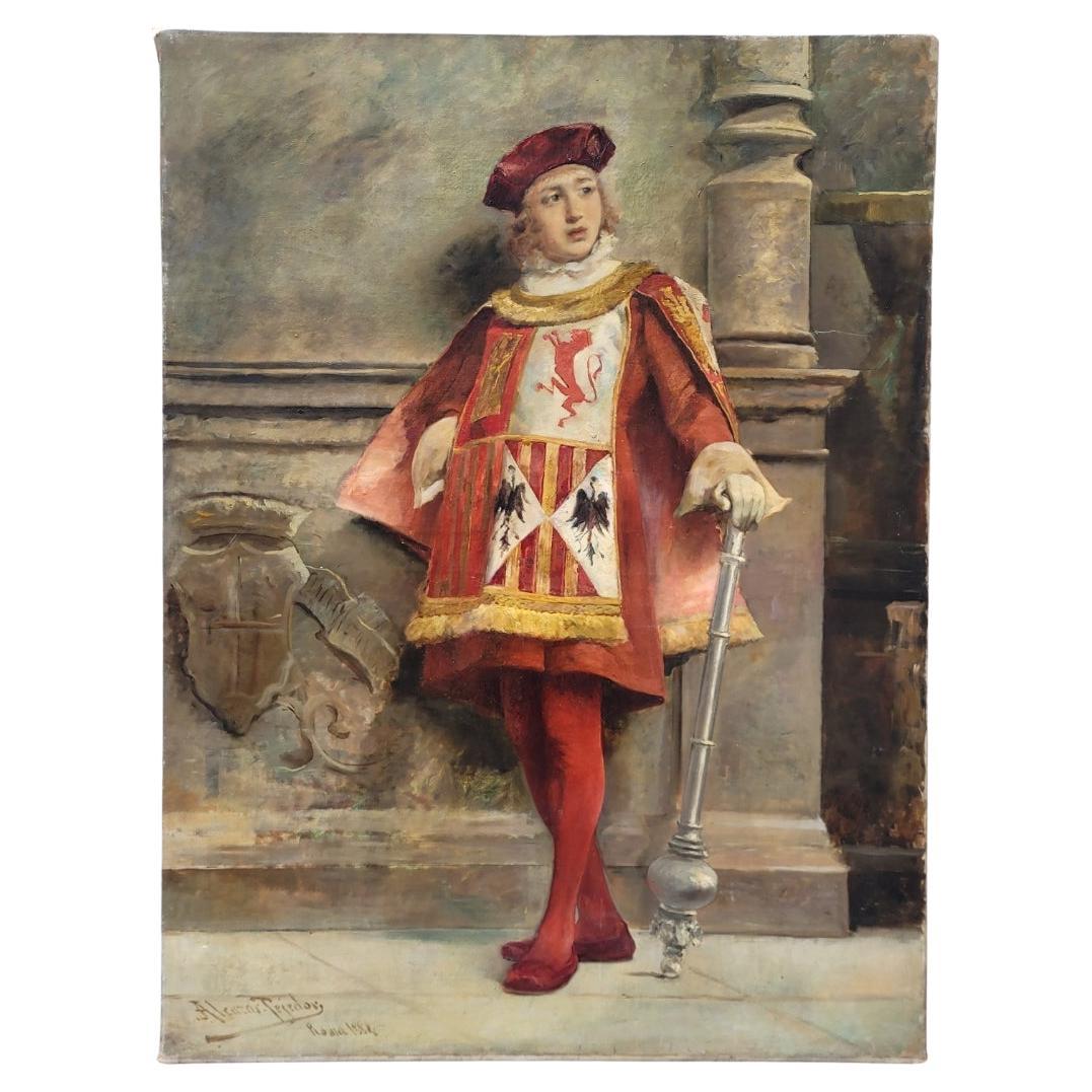 Pintura Española Retrato "Macero castellano "José Alcázar Tejedor Escuela romana