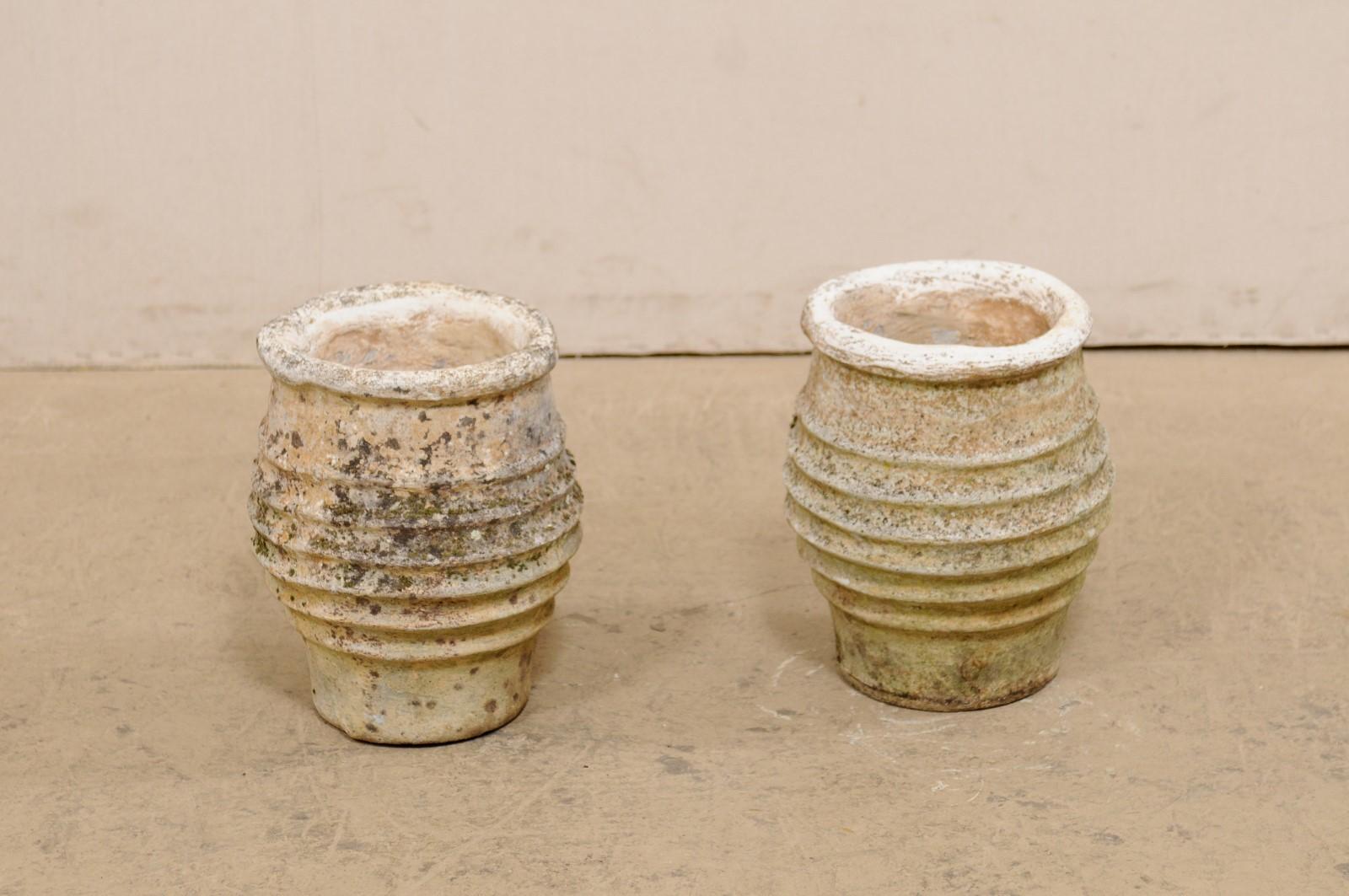 19th Century Spanish Pair of 19th C, Cast-Stone Pots w/Pronounced Lip & Ribbed Bodies For Sale