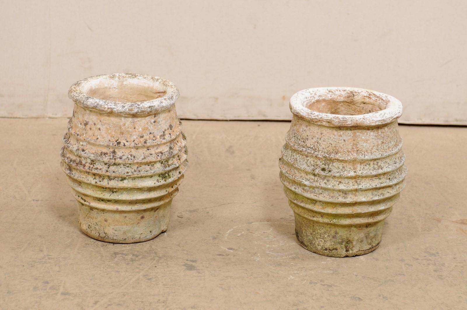Cast Stone Spanish Pair of 19th C, Cast-Stone Pots w/Pronounced Lip & Ribbed Bodies For Sale