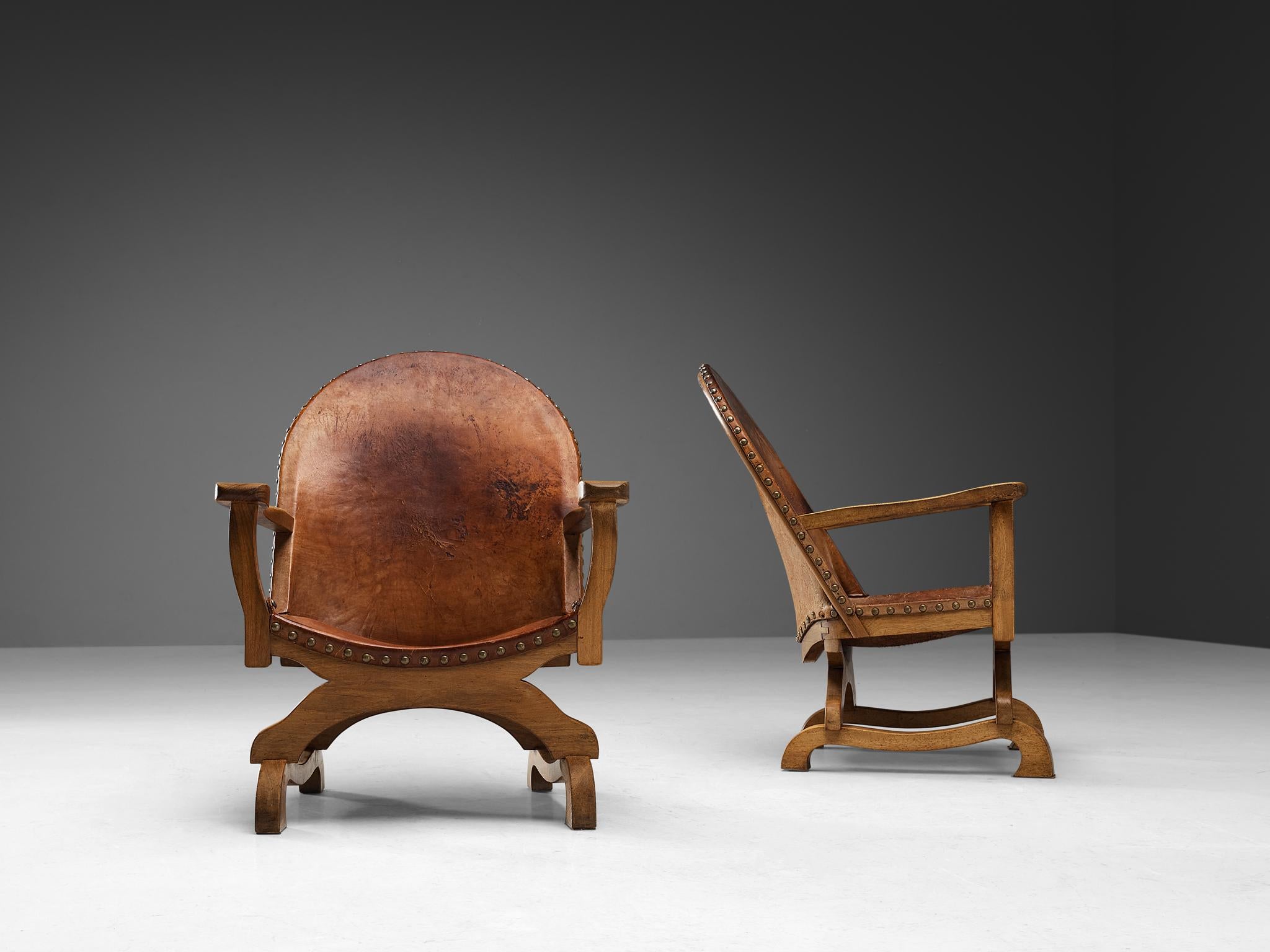 Brass Spanish Pair of Armchairs in Cognac Leather and Oak For Sale