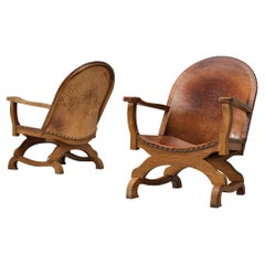 Spanish Pair of Armchairs in Cognac Leather and Oak
