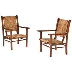 Spanish Pair of Armchairs in Pine and Woven Straw