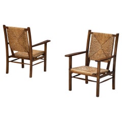 Spanish Pair of Armchairs in Pine and Woven Straw