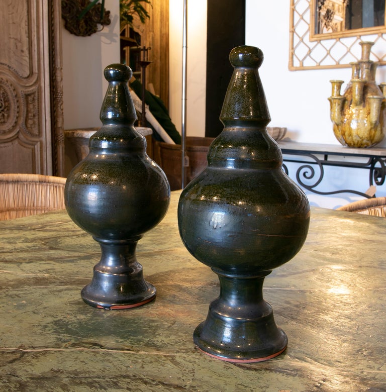 Spanish Pair of Black Glazed Ceramic Finials For Sale at 1stDibs