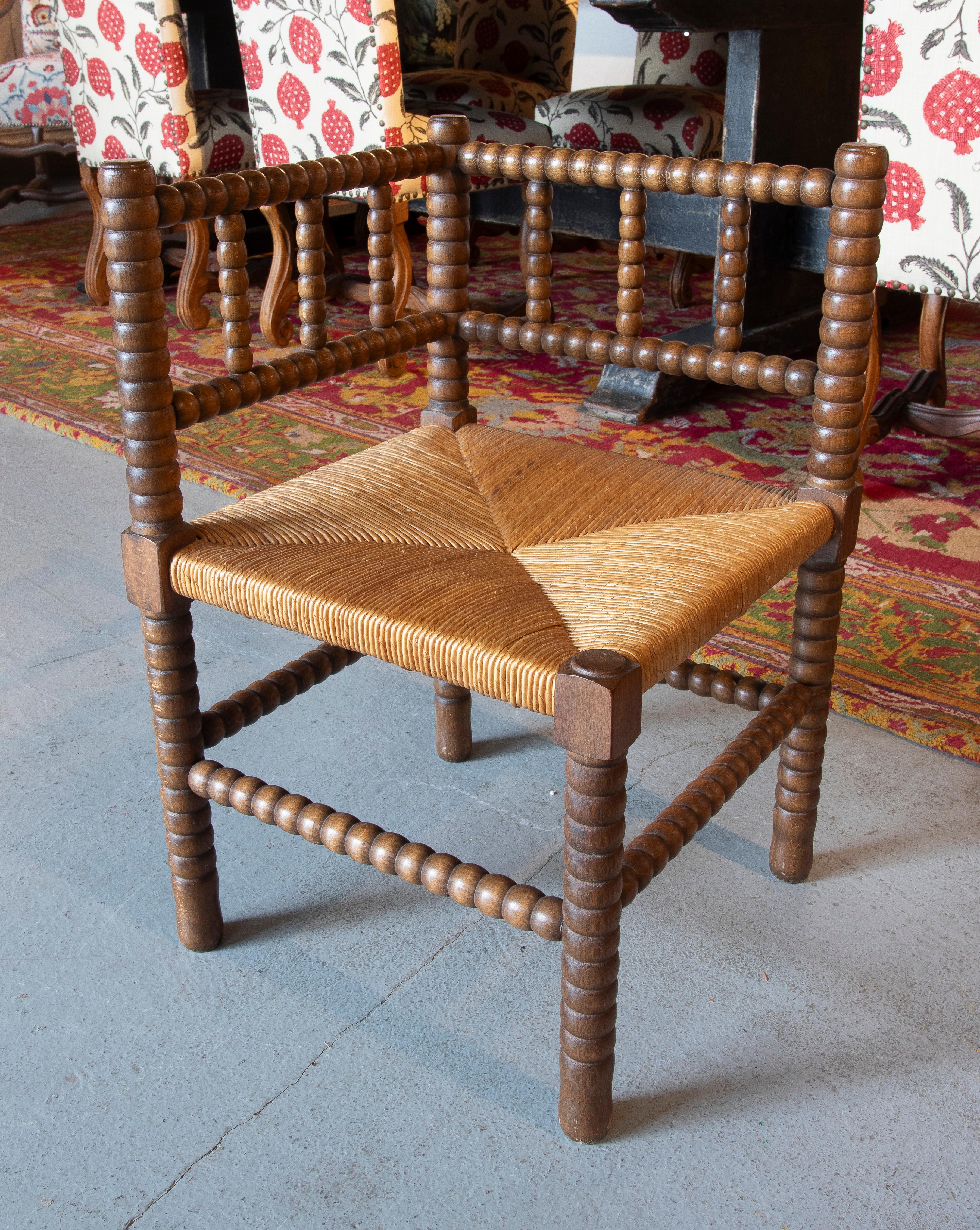 Rope Spanish Pair of Corner Chairs in Turned Wood and Bulrush Seat