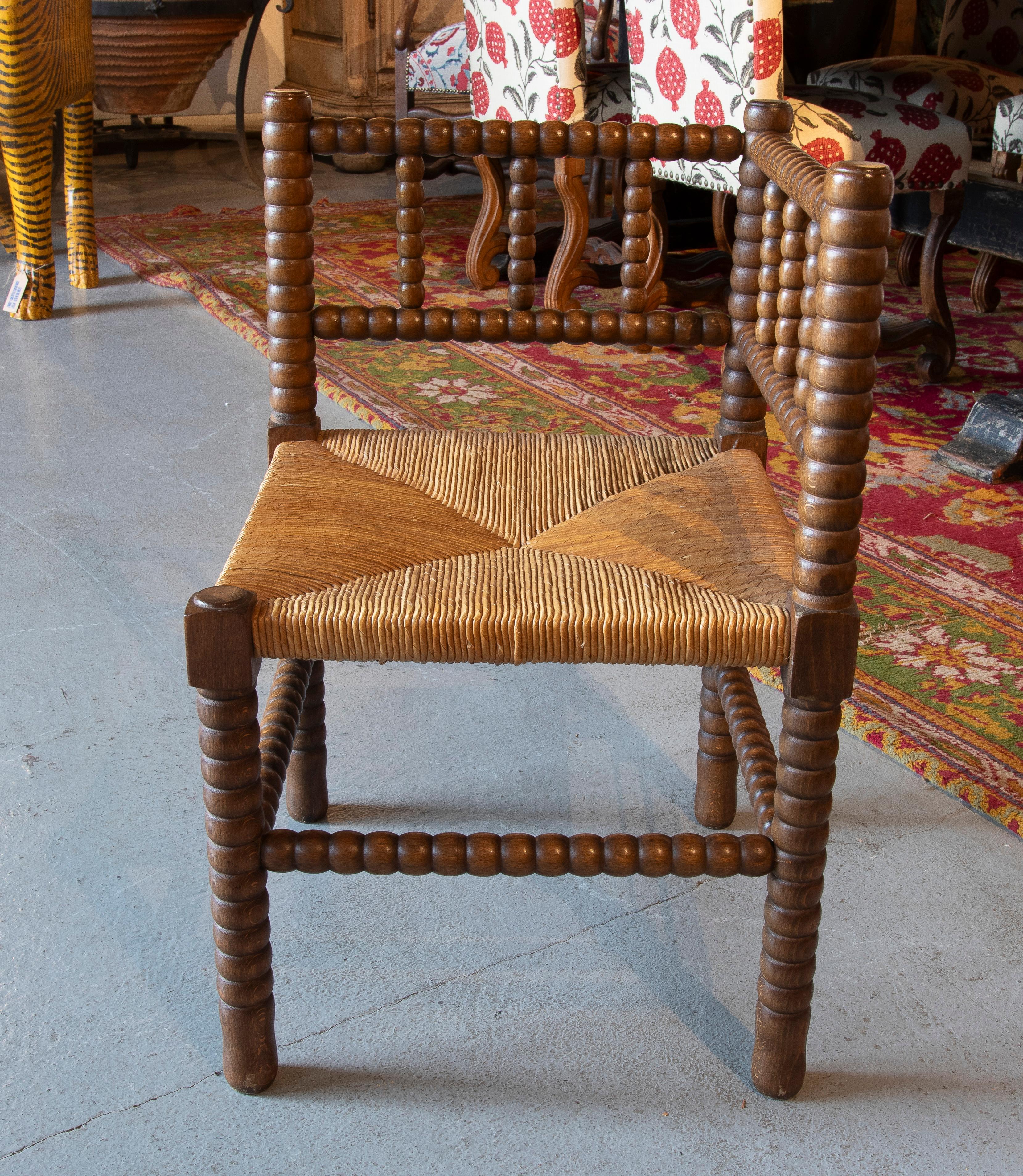 Spanish Pair of Corner Chairs in Turned Wood and Bulrush Seat 2