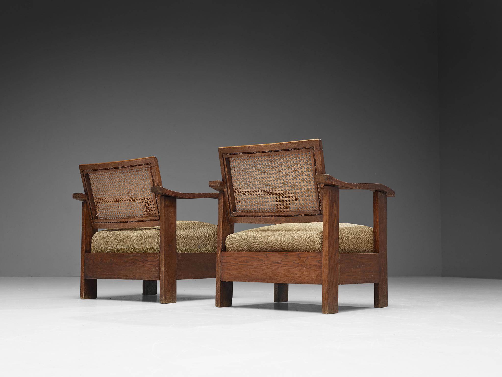 Art Deco Spanish Pair of Easy Chairs in Oak and Wicker