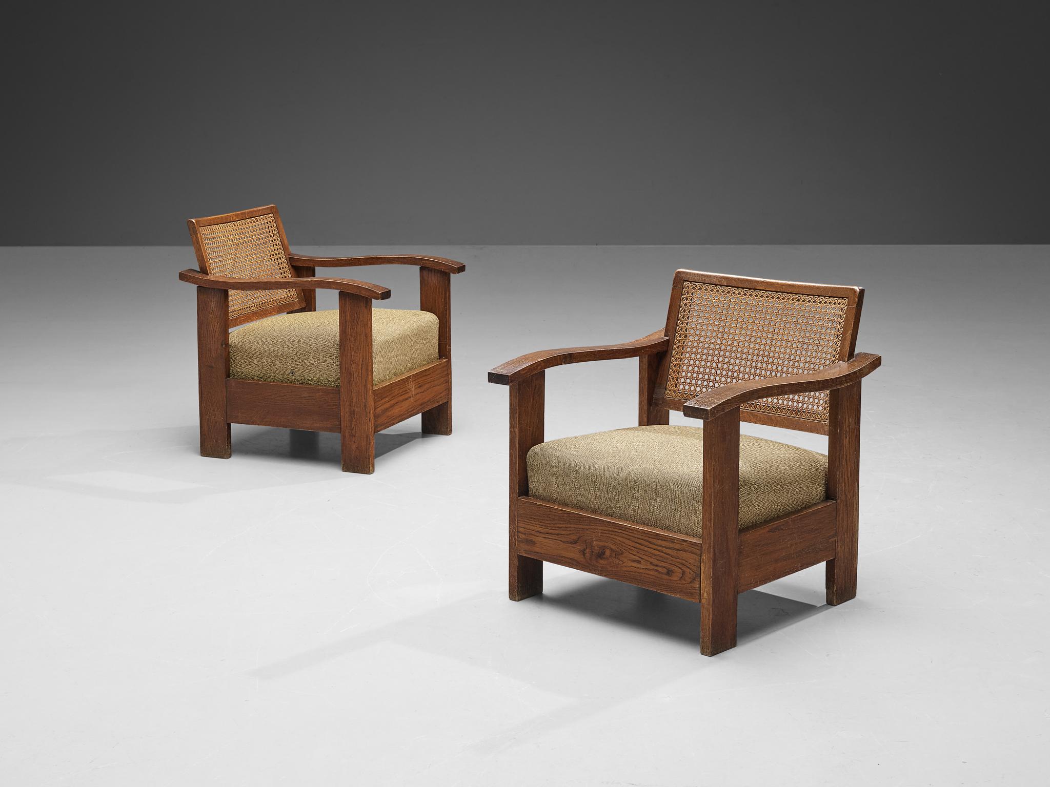 Mid-20th Century Spanish Pair of Easy Chairs in Oak and Wicker