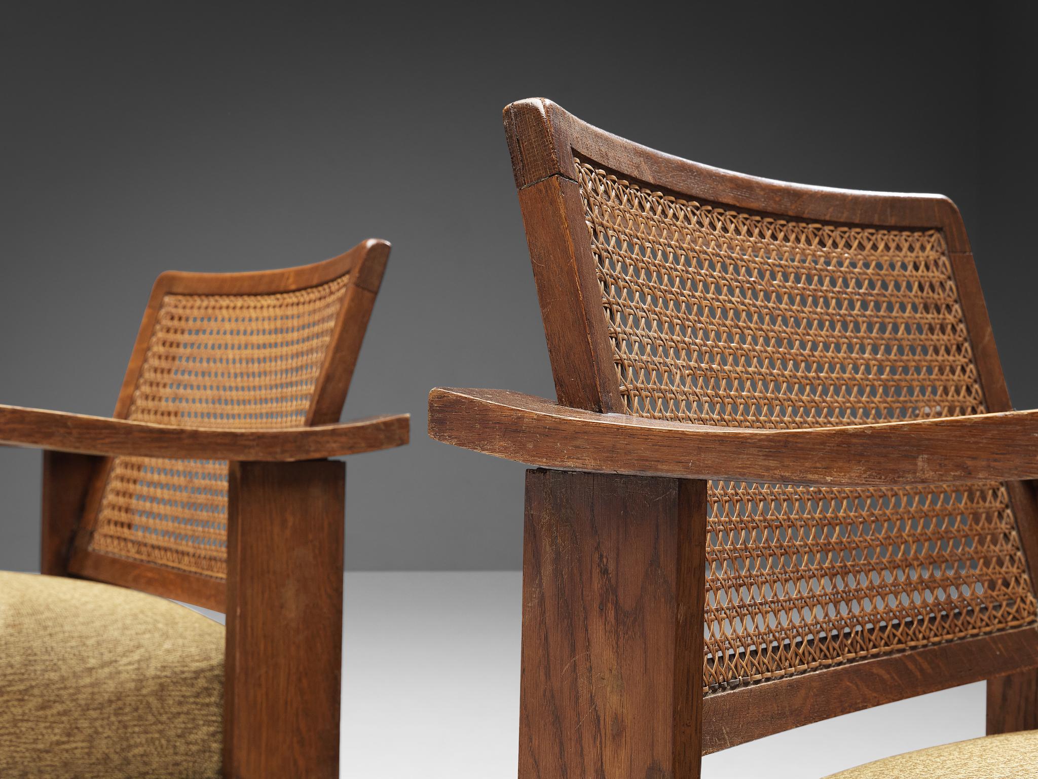 Fabric Spanish Pair of Easy Chairs in Oak and Wicker