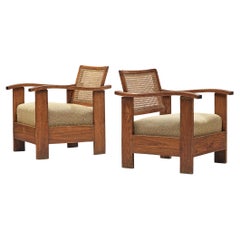 Spanish Pair of Easy Chairs in Oak and Wicker