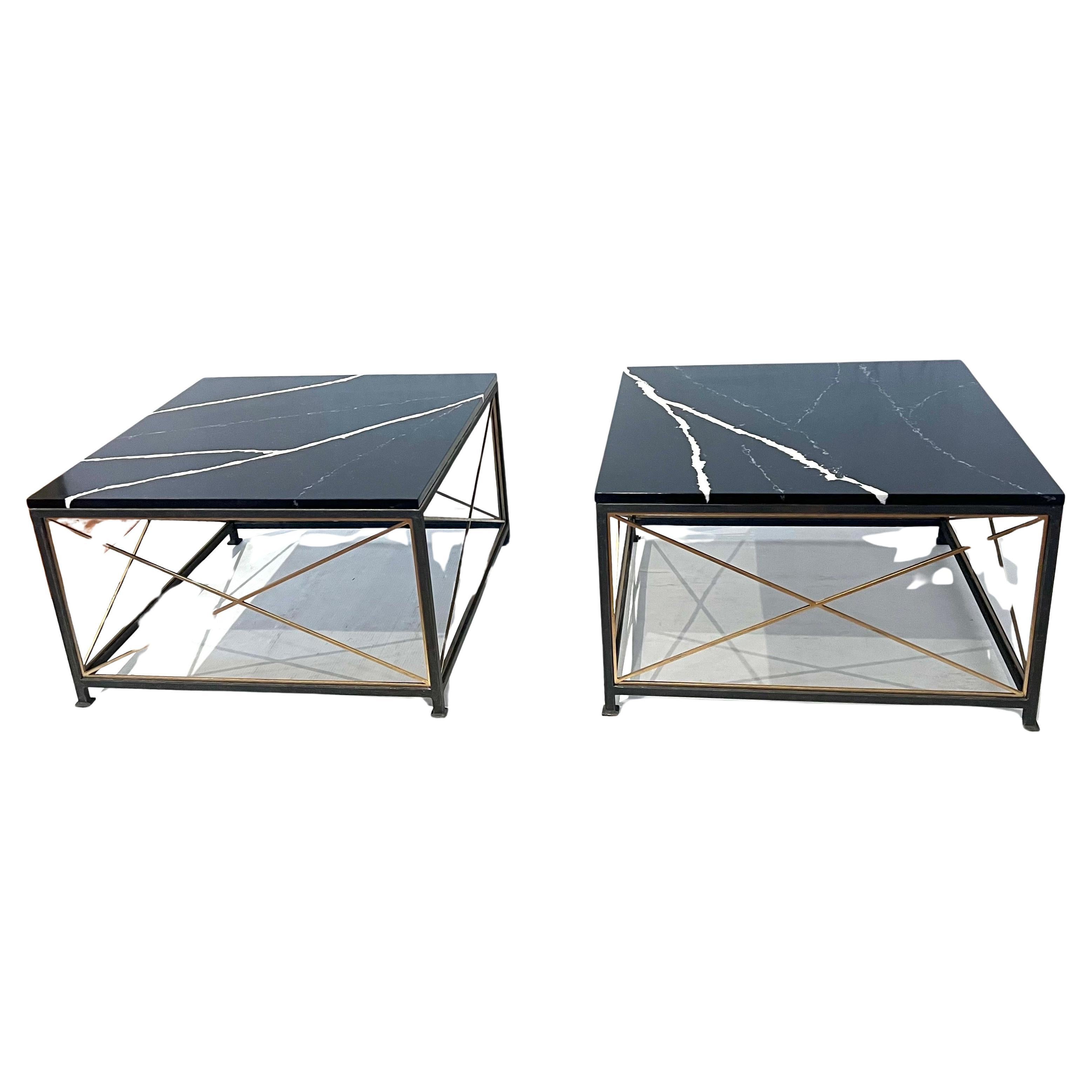 20th Century Spanish Pair of End Cocktail Coffee Tables in Marble & Metal Frames In/Outdoors For Sale