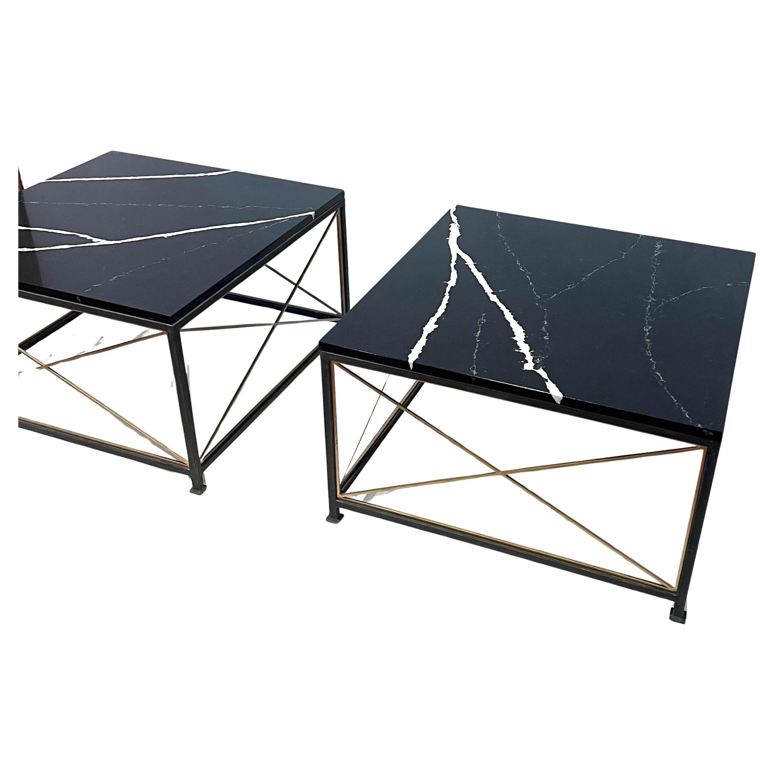 Spanish Pair of End Cocktail Coffee Tables in Marble & Metal Frames In/Outdoors For Sale 1